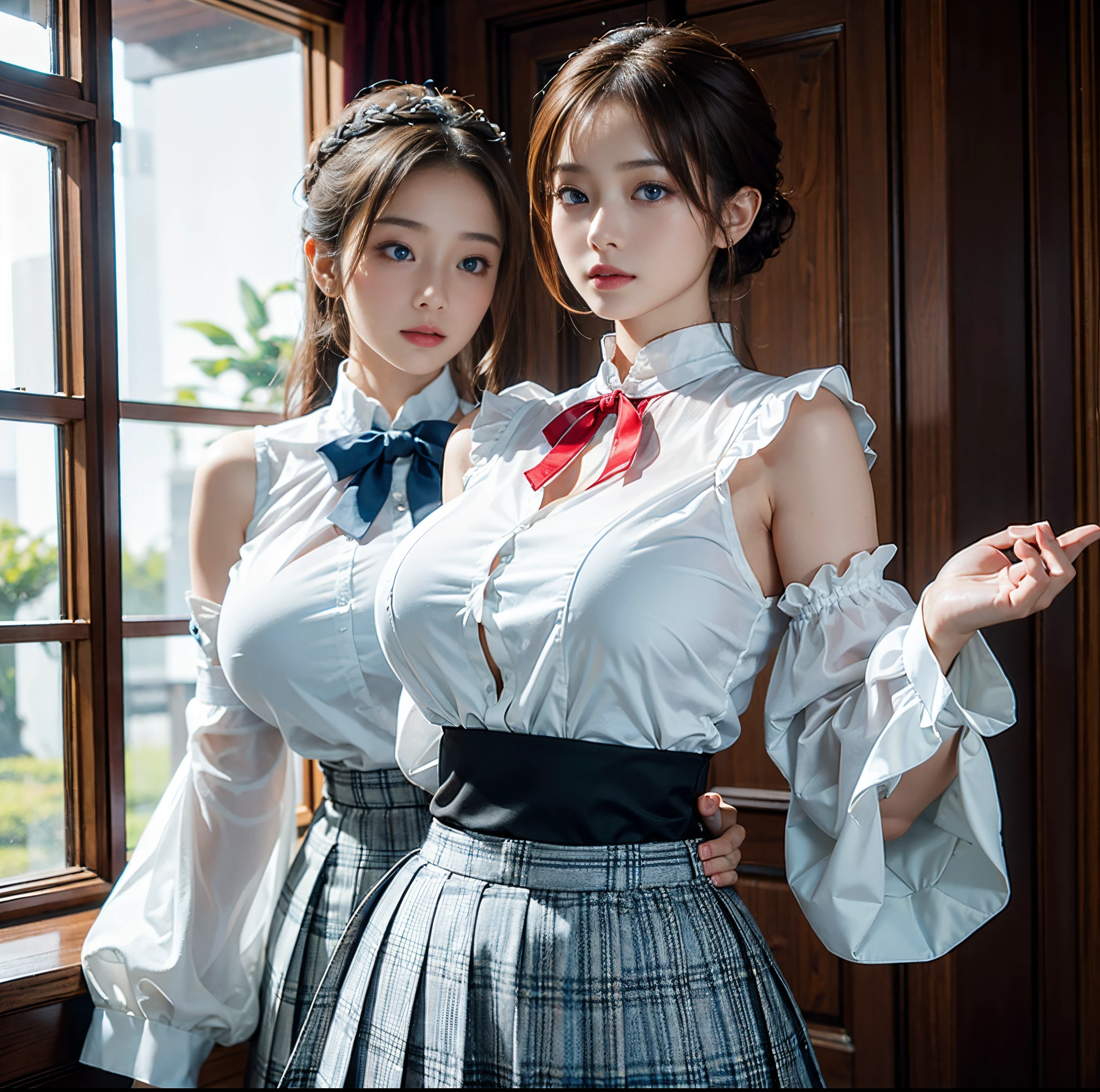 top-quality, 8K picture quality, masterpiece, Professional lighting without shadows, A hyper-realistic, perfect anatomia, Two girls, (with perfect body、Colossal breasts with tension:1.2), Whitens bright skin evenly, (Plump red tear bags and bright and beautiful blue eyes reflect a lot of light:1.2)、 A crimson ribbon tie is tied around her collar.、A neat tight blouse made of white fabric that is so thin that it can be seen through.、No skin is exposed on the upper body。, Dress up with a super short mini pleated tartan check skirt., (her skirt is too short:1.3), (Proudly showing off her taut huge breasts from the front through her blouse:1.2), (Another girl on the other side shows off her big ass from behind), ssmile, stare at each other