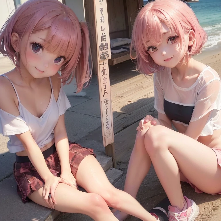 {(masutepiece) (8K High Resolution) (top-quality) (ultra-definition) (A hyper-realistic) (a beauty girl) (Raw photography) (Photorealsitic) (The most beautiful face) (perfect bodies) (Five Fingers) (9th class) (18year old) (large full breasts) (one girls) (Pink short hair) (Body and face without defects)} {(cheng xiao) (Perfect round face) (Perfect high nose) (Perfect big eyes) (Beautiful double eyelids) (Looking at the camera)(the perfect body)(Ecstatic look)(red blush)} (beach on beach) (((No Underwear))) (Hot midsummer day) (Facing the front) ((arms spread from side to side)) ((Sleeping face up)) (((Clothes soaked in water))) (Beautiful wet skin) ((A smile)) (((Wearing a small white t-shirt))) (((Wearing a black super miniskirt))) (((Angle from your feet)))