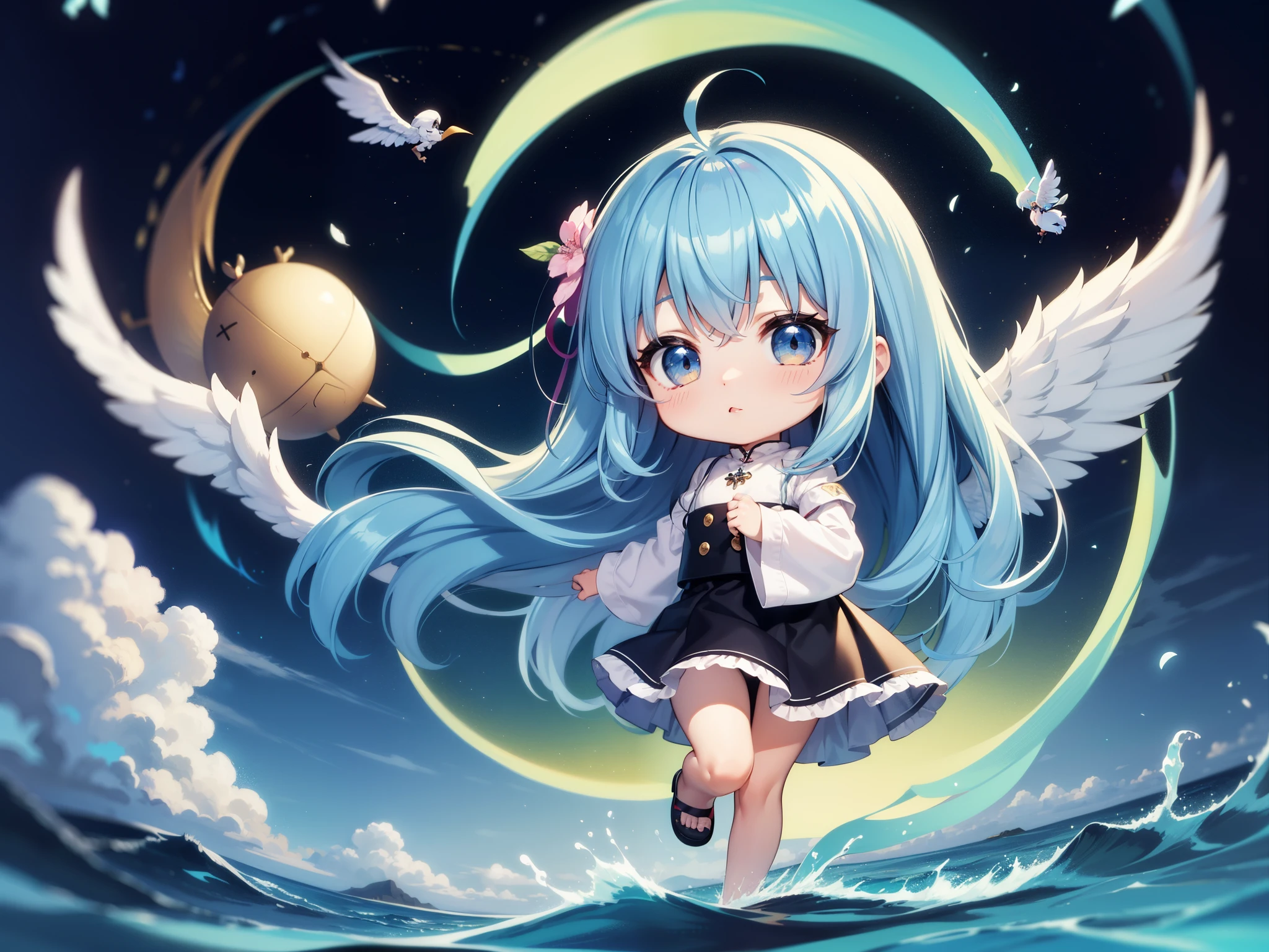 young chibi character With the Wings of an Angel、Visible flying in the sky。long hair with blue hair((Chibi Chara))、Fluffy、Crossing the sea、girl with、Chibi Chara、full body Esbian、Pastel colors hair、masutepiece、top-quality、Large in the center