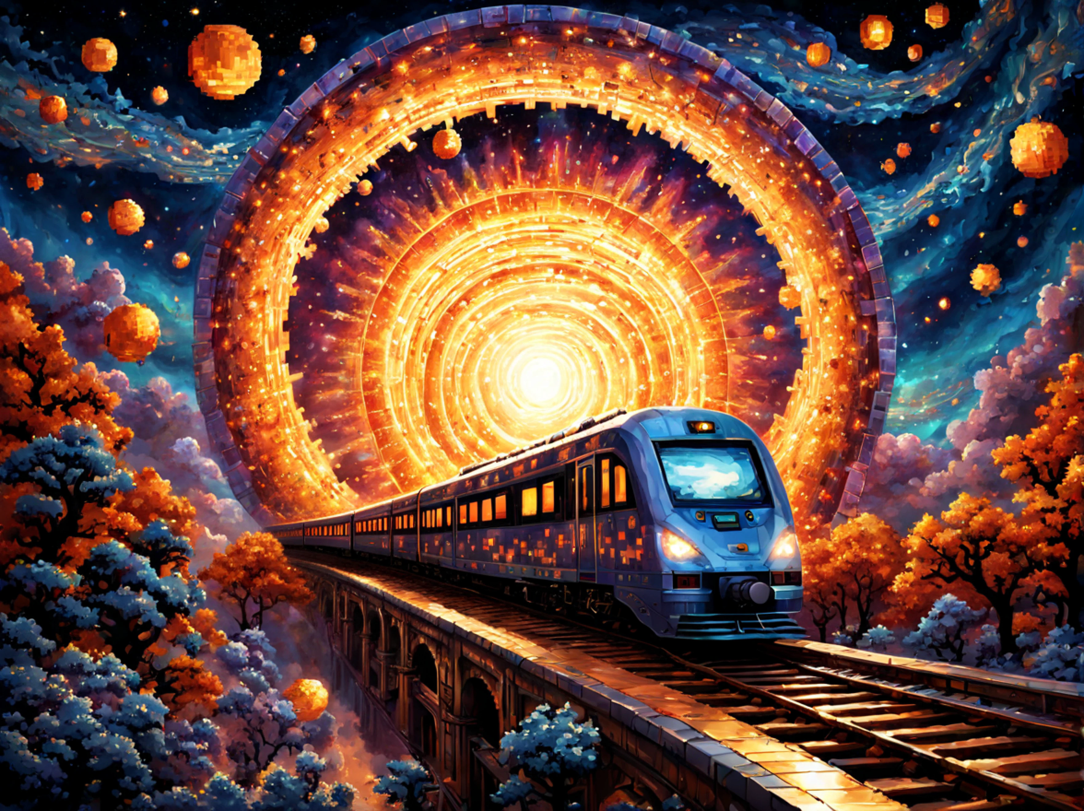 (pixel art:1.3), in the vast expanse of the cosmos, amidst swirling galaxies and dazzling stars imagine a spectacular celestial event, a colossal portal materializes, crackling with vibrant energy, from within emerges an ((extraordinary train)) unlike anything ever seen before, its metallic exterior glistens with an otherworldly glow, adorned with intricate patterns that seem to shift and change, (((ethereal)))