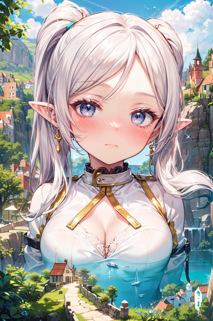 masterpiece,best quality,best resolusion,1 girl,3heads,detailed,frieren character,long silver hair,green eyes,elf-eared,wearing red earrings,wearing a thin white dress,normal breasts,sky background,beautiful face,beautiful hair,beautiful eyes,beautiful body,beautiful hand