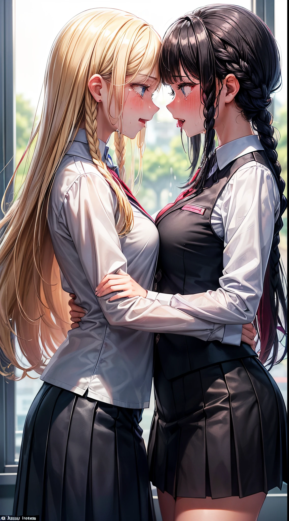 Two women facing each other,15yo student,((cum in mouth)) ,(((blushed face))), ((cum on tongue)), ((close up of face))((I'm opening my mouth)),((business suits and school uniforms))(Happy Ahe Face),Wet with sweat,(A woman with black hair and a woman with long blonde hair,)(Classroom)Drooling