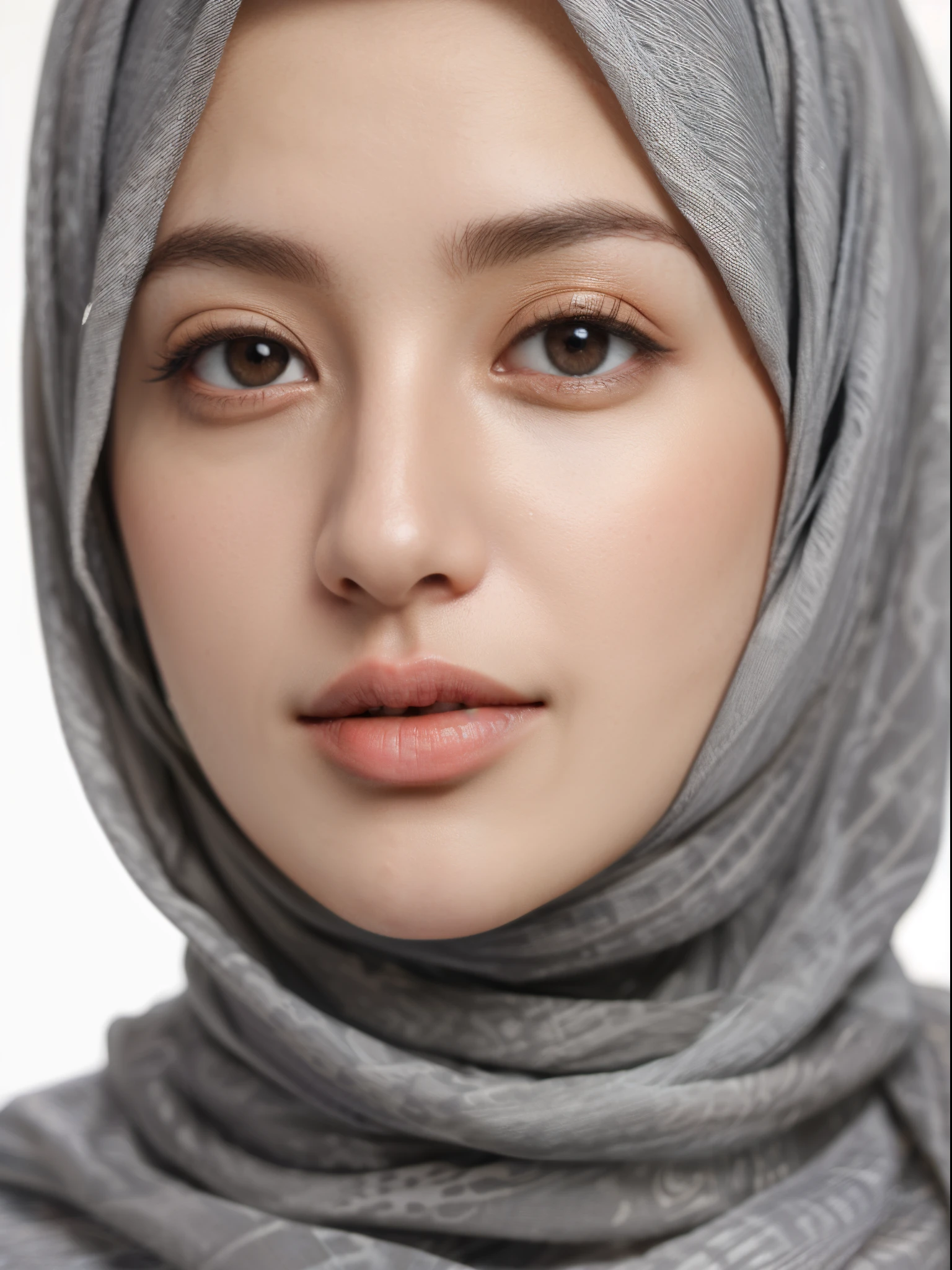 best quality, masterpiece, highres, moslem female dress, necklace, Beautiful face, upon body from head to waist, tyndall effect, photorealistic, dark studio, rim lighting, two tone lighting, 8k uhd, dslr, soft lighting, high quality, volumetric lighting, candid, Photograph, high resolution, 4k, 8k, Bokeh, (hyperrealistic girl), (illustration), (high resolution), (extremely detailed), (best illustration), (beautiful detailed eyes), (best quality), (ultra-detailed), (masterpiece), (wallpaper), (photorealistic), (natural light), (rim lighting), (detailed face), (high detailed realistic skin texture), (anatomically correct), (solo), (1 girl), (heterochromic eyes), (detailed eyes), (sparkling eyes), (long legs), (big breasts), (dynamic pose), (closed tiny mouth:1.3), (concentrated expression), (wearing hijab:1.4), moslem headscarf.