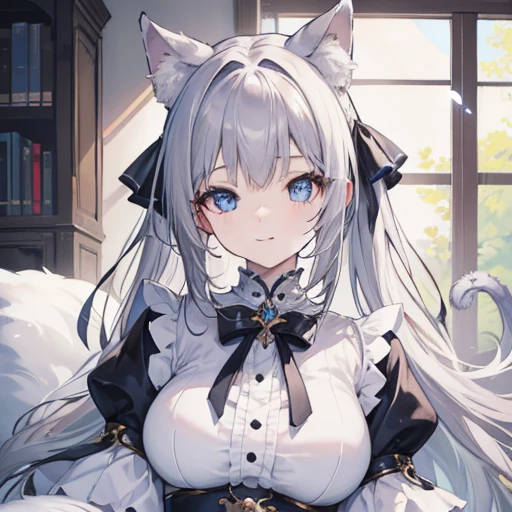 (hi res), ((masterpiece)) , ((best quality)), illustration, furry, 
cat, animal ears, tail, bodyfur, 1girl, POV, upper body, 1girl, solo, long hair, gray hair, *//*, blue eye, *//*, white blouse, looking at viewer, smile,