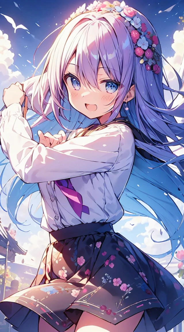 masutepiece, Best Quality,Illustration, Wallpaper, ultra -detail, Absurd beauty, 1beautiful girl、Bright hair color、big eye、Hair fluttering in the wind、♡、great laughter、skirt by the、Futomo、Poses in motion