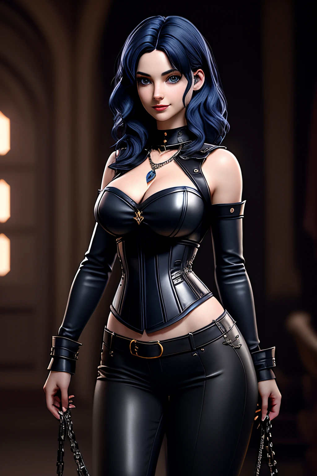 close up 1girl in, 20years, Solo, Aesthetic artwork, dark blue hair, thick dark blue hair, light blue eyes, clear skin, pale skin, massive breasts, DD-Cup, cleavage, fit body, (round hips, thin waist: 1.25), (Sirius face, mischievous smile:1.1), key necklace, (wearing leather corset, black leather pants:1.1), (full body: 1.1), chains and whips, dark dungeon, cage bars, 4k textures, dark light, RAW intricate, elegant, highly detailed, sharp focus, ((((cinematic look)))), insane details, intricate details, hyperdetailed, low contrast, hard cinematic light, dim colors, exposure blend, hdr, faded