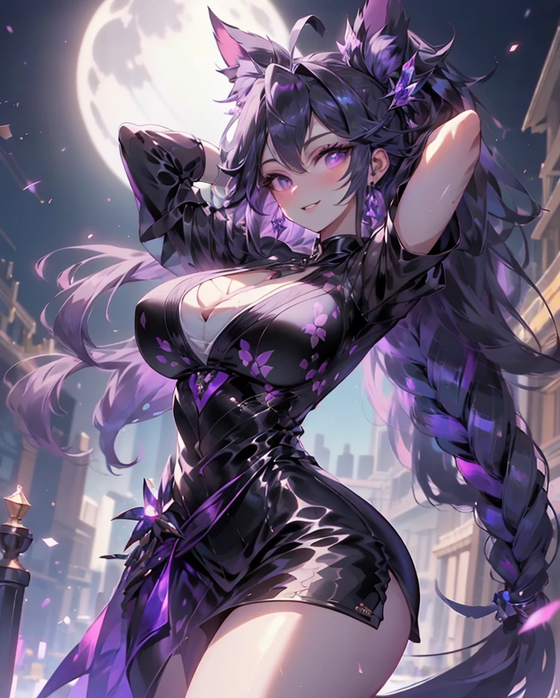 1 girl, game CG, black floral short kimono, thighs visible, gigantic breasts, visible cleavage, dark purple hair, long hair, hair up, princess hairstyle, ahoge, purple bright eyes, smile, standing on a bridge, night, bright moon, ultra detailed eyes, ultra detailed face, ultra resolution, highly detailed, ultra hd, 4k, 8k