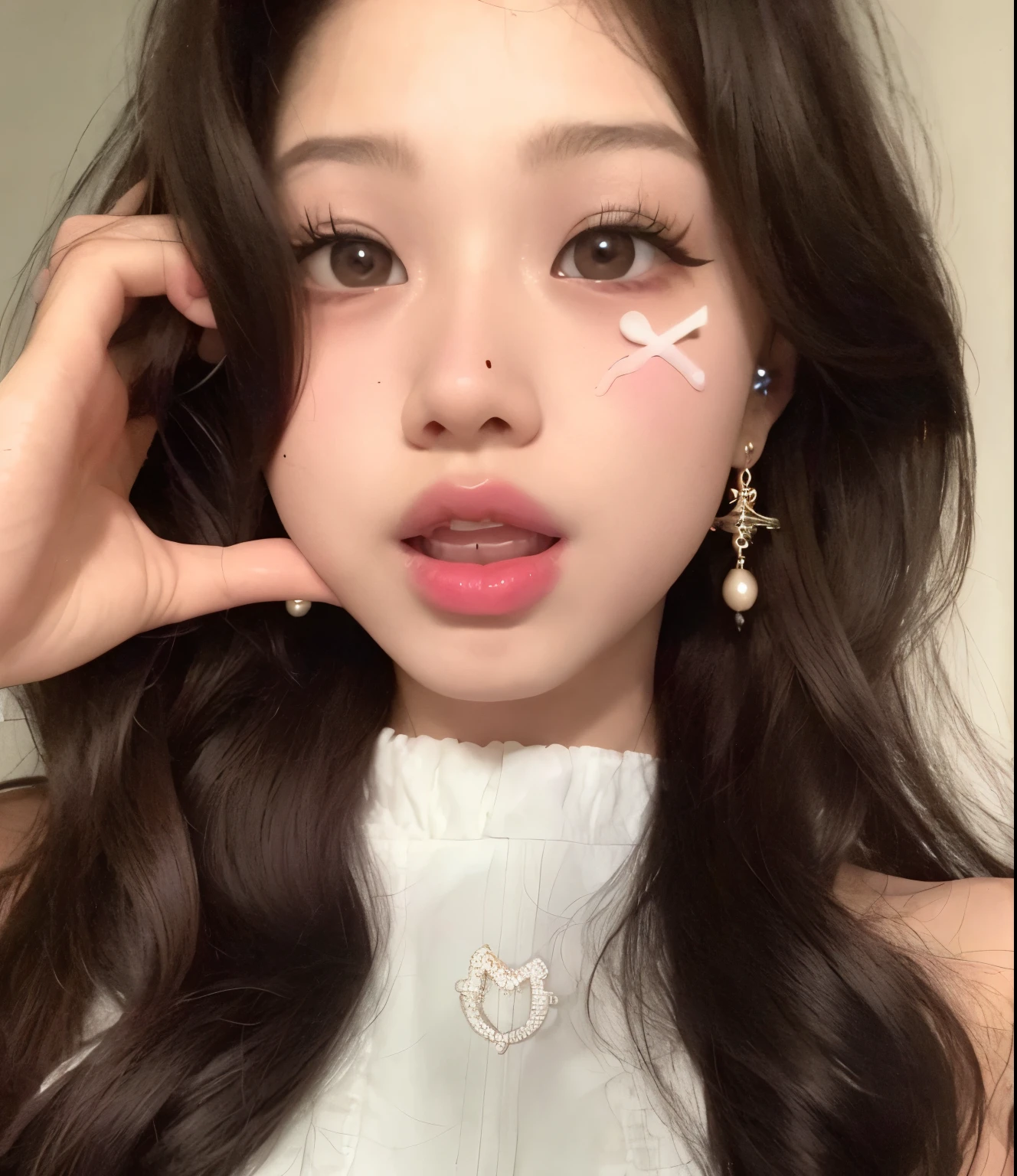 um close de uma mulher com uma blusa branca e uma tesoura, maquiagem sul-coreana popular, maquiagem coreana popular, young adorable korean face, Ulzzang, korean face features, wan adorable korean face, beautiful aesthetic face, young cute wan asian face, kawaii retrato realista, rosto bonito claro, cruel korean goth girl, korean symmetrical face, menina coreana