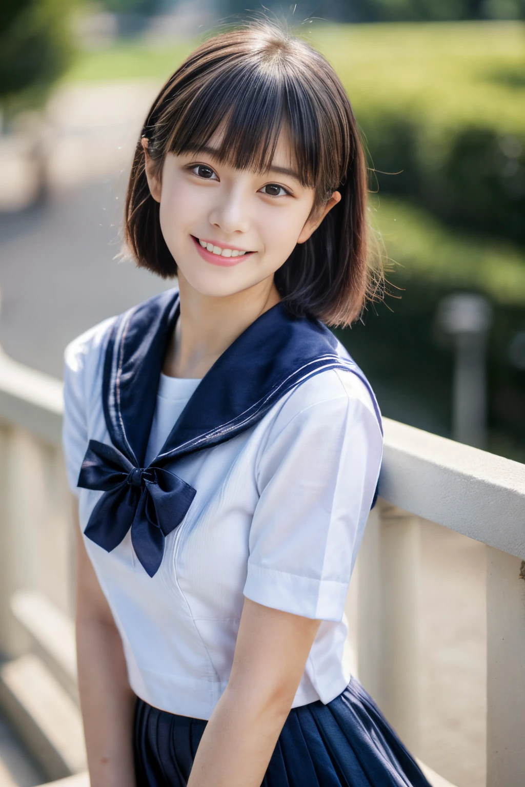 ​masterpiece、4K、top-quality、beautiful japanese female、detail portrayal、1 girl in、18year old、(Idol style super cute face 1.２), (White short-sleeved shirt、Sailor School Uniform、Navy blue pleated skirt)、A dark-haired、bob cuts、naturey、depth of fields、(Angle from top:1.2)、ssmile,