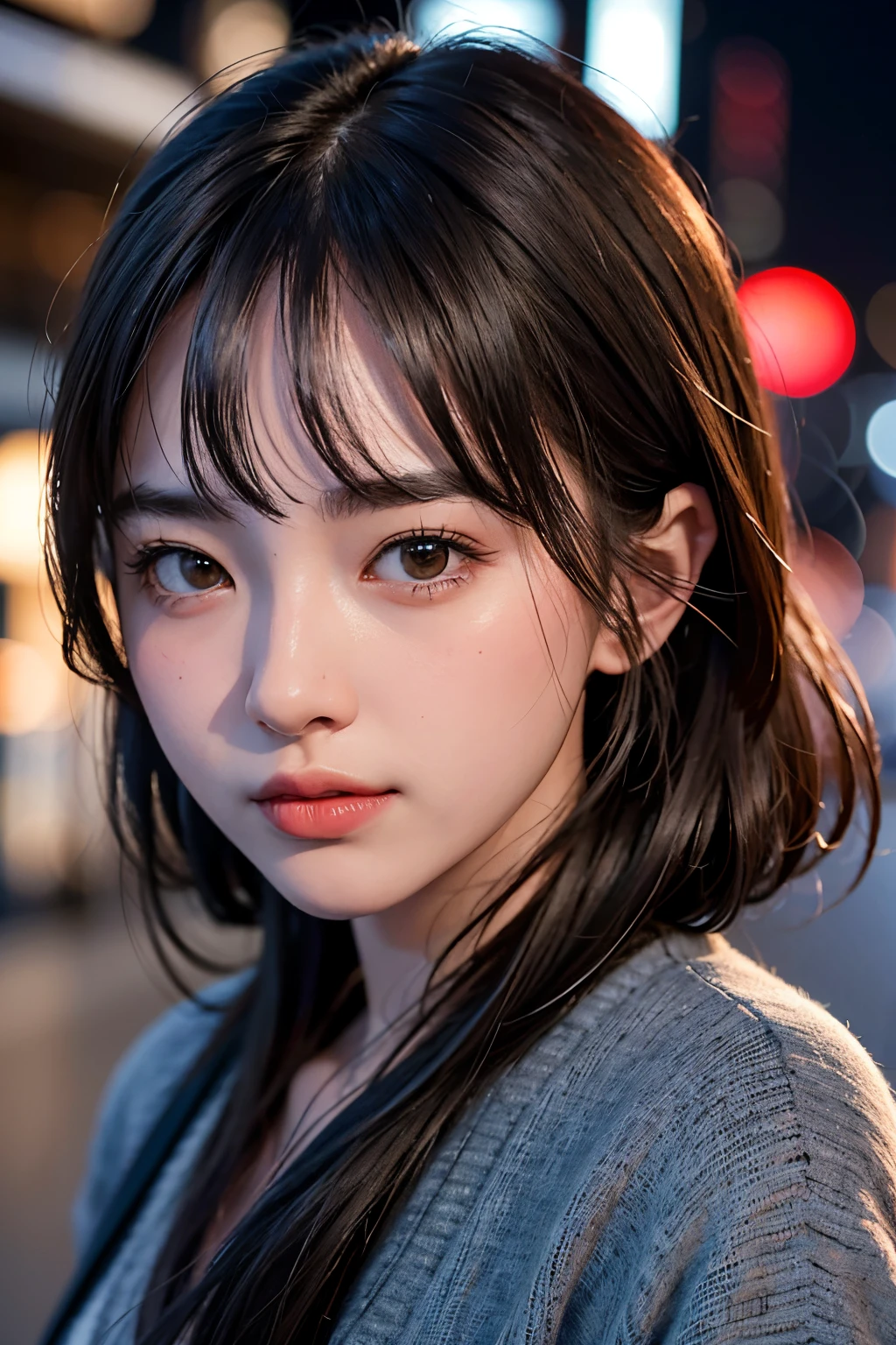 1girl, Tokyo street,night, cityscape,city lights, upper body,close-up, 8k, RAW photo, best quality, masterpiece,realistic, photo-realistic,