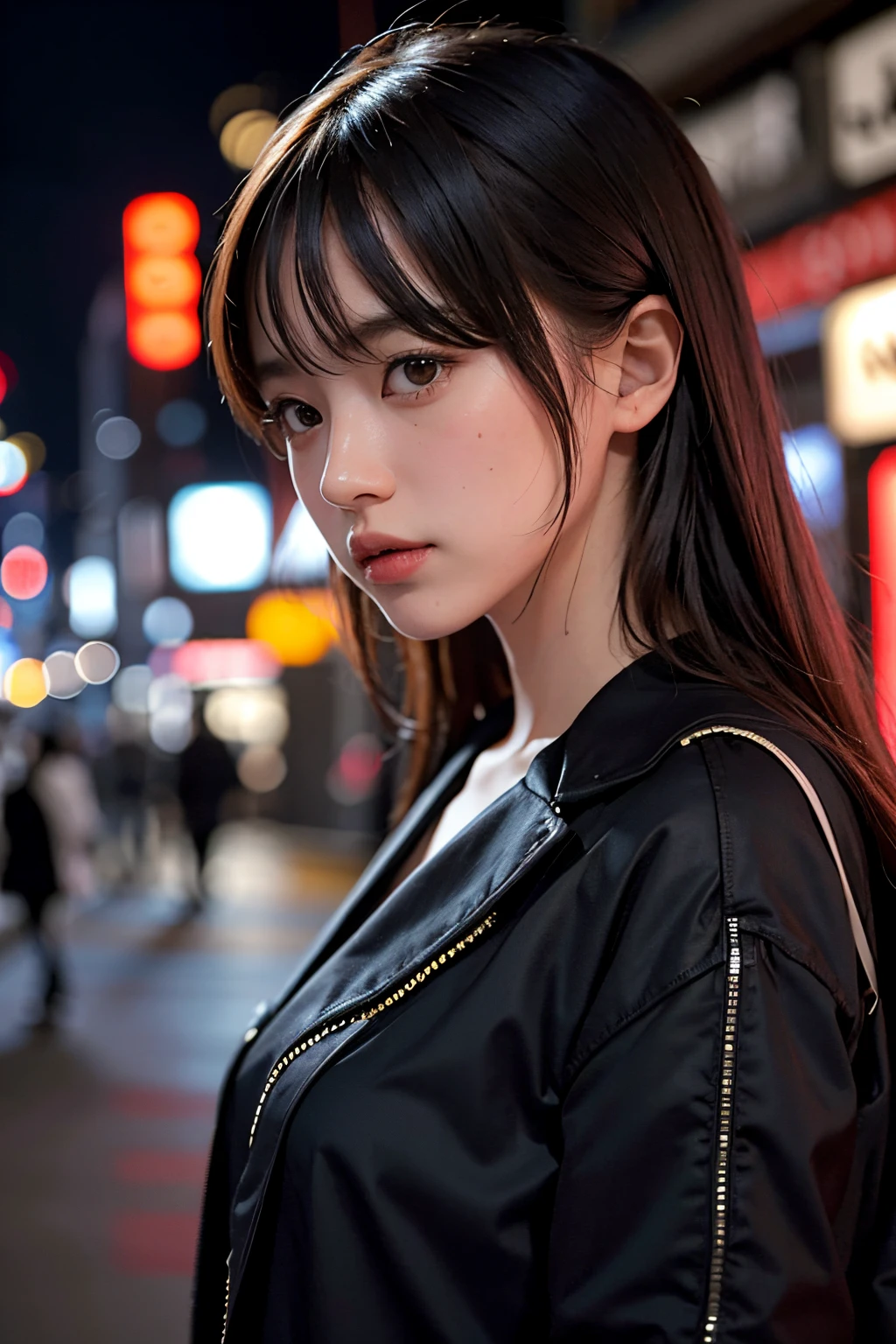 1girl, Tokyo street,night, cityscape,city lights, upper body,close-up, 8k, RAW photo, best quality, masterpiece,realistic, photo-realistic,