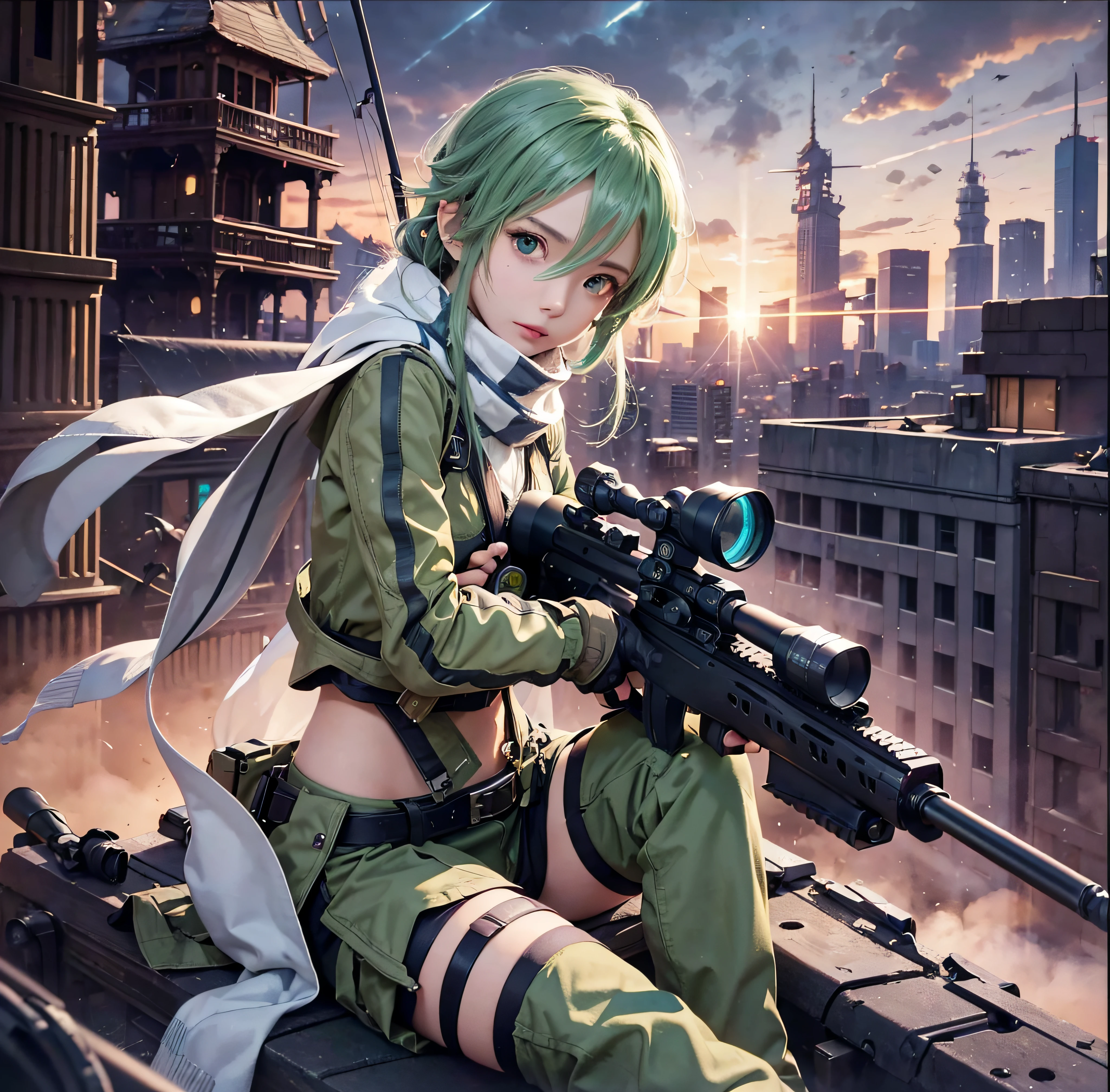 masterpiece, best quality, highres, 1girl, sinon1, scarf, fingerless gloves, long sleeves, short black shorts, hair ornament, hairclip, green thighhighs, green jacket, thigh strap, cowboy shot, holding weapon, sniper rifle, ruins, sitting, (sword art online), scoping, using the sniper, holding the sniper rifle, looking in scope, looking into the sniper rifle scope, shooting, hdr, urban, rooftop, collapsed buildings, war, catastrophe, disaster, serious, cold, glowing eyes, superpower, focusing, focus