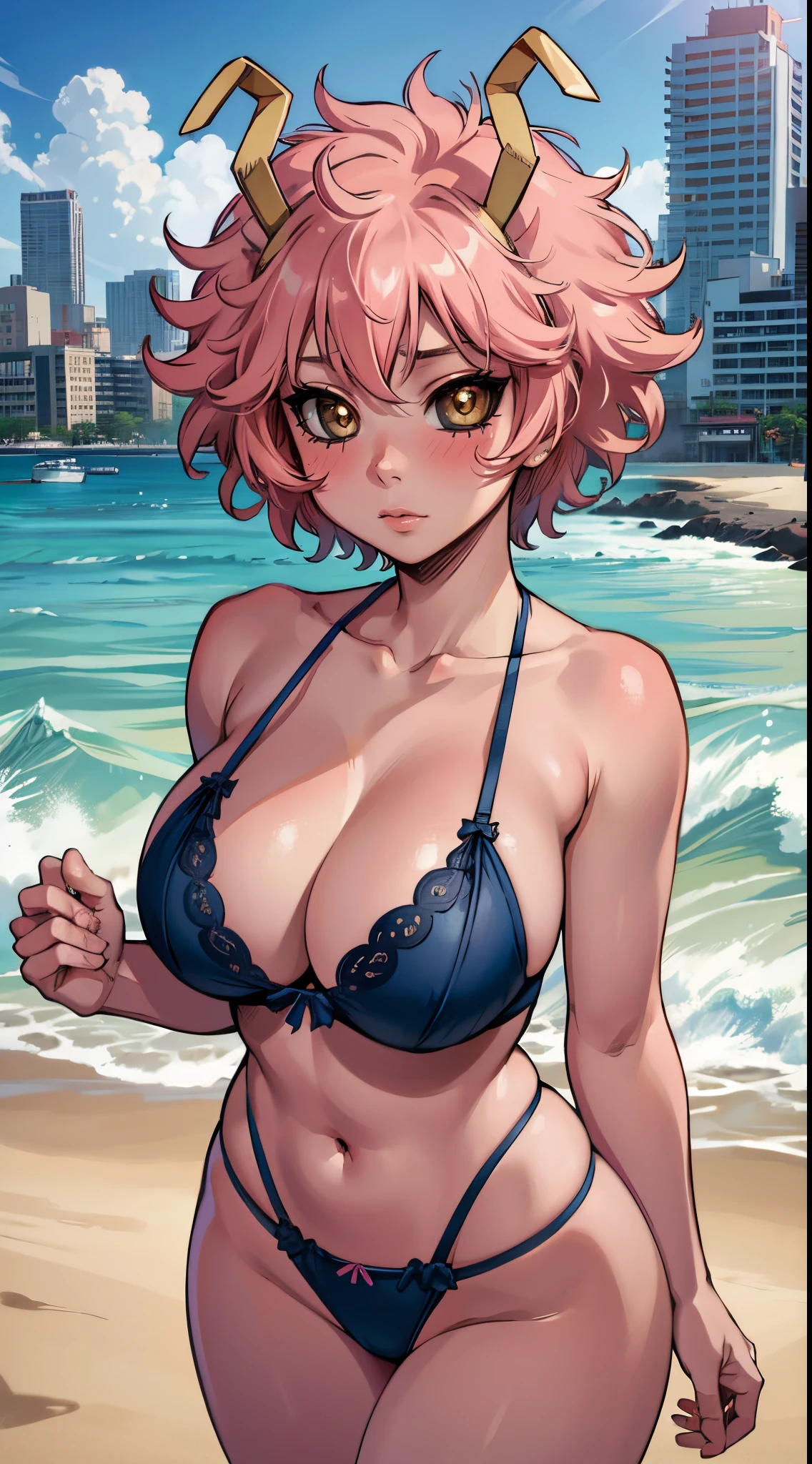 (best quality:1.3), (4k quality), 1 mature woman, Mina Ashido by boku no hero, ((Detailed face)), (blush), city, (lingerie), body, (big boobs), (beach)