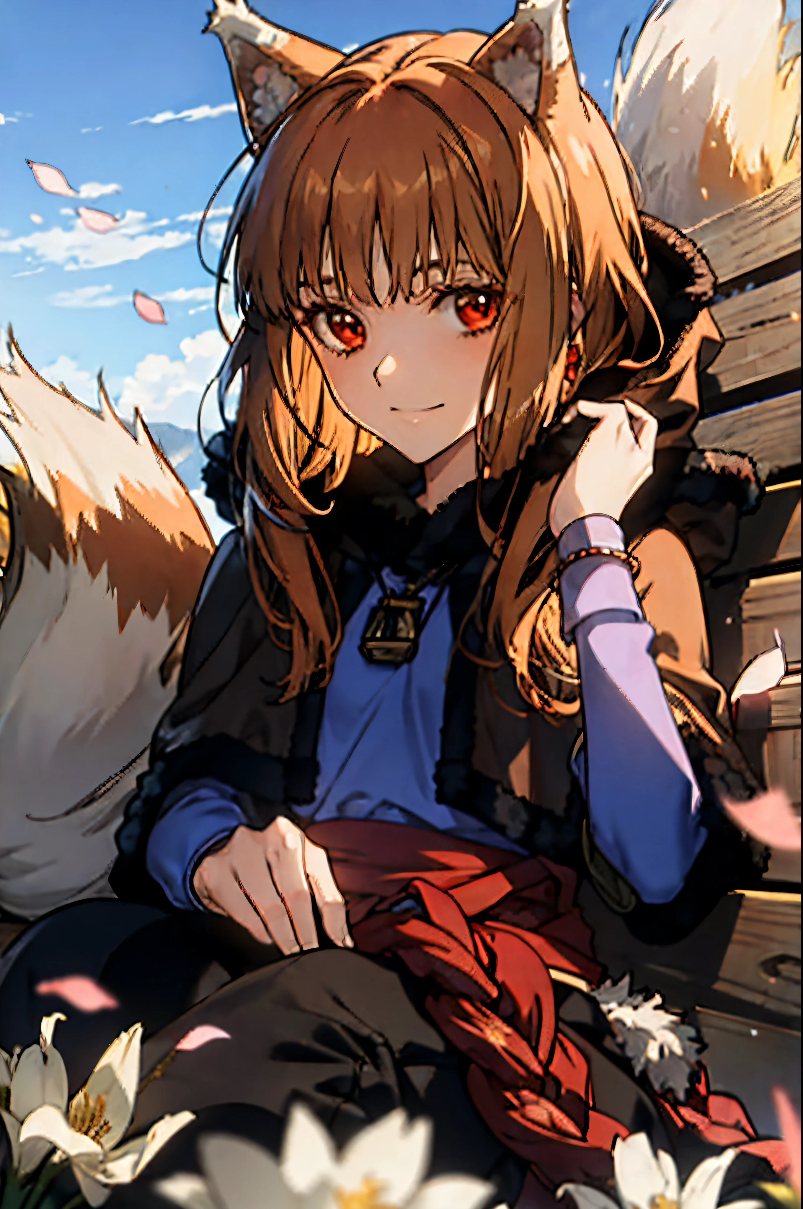 Realistic and detailed image of a girl. Wolf ears and tail. Thick short dress style sweater, braided knit, oversized, long sleeve with round neck. Earrings, necklaces and bracelets. Long silky brown hair. Red eyes. Long eyelashes. Medium breasts, thin waist, wide hips and thick thighs. smiling. Arched back. In the field. on top of a carriage. flower petals. Volumetric light. Ambient light.