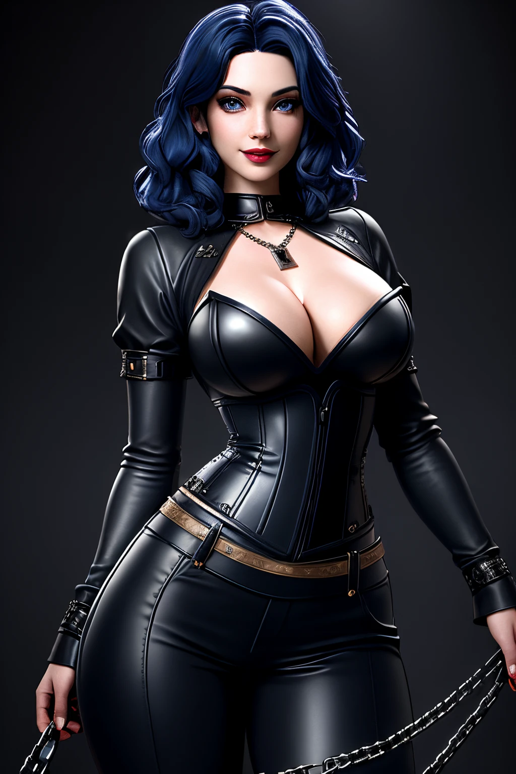 close up 1girl in, 20years, Solo, Aesthetic artwork, dark blue hair, thick dark blue hair, light blue eyes, clear skin, pale skin, massive breasts, DD-Cup, cleavage, fit body, (round hips, thin waist: 1.25), (Sirius face, dark lipstick, mischievous smile:1.1), key necklace, (wearing leather corset, black leather pants:1.1), chains and whips, dark dungeon, cage bars, 4k textures, dark light, RAW intricate, elegant, highly detailed, sharp focus, ((((cinematic look)))), insane details, intricate details, hyperdetailed, low contrast, hard cinematic light, dim colors, exposure blend, hdr, faded