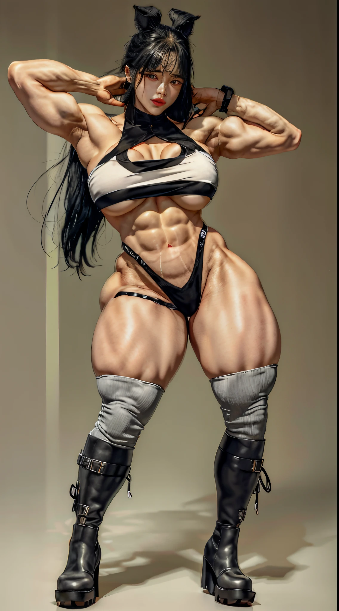 Full body photo from head to toe,An extremely high, strong, Busty sexy girl,Perfect and complete thick body,The whole body is full of huge muscles,Super strong and tall figure, through bangs, exposed bare shoulders, black trouser suit,She has extremely exaggerated big breasts, Extra large breasts squeezed together,elongate waist,Exaggerated big fat butt,Thick and big big ass,Extra long thick legs,Leg muscles are extremely thick, The thighs are particularly thick,The calves are very thick,greybackground, hair between eye,, Long gray hair, view the viewer, trouser,A pair of black booties, Open your lips, red eyes, The shirt, simplebackground, 无袖, sleeveless shirts, 独奏, high-necksweater, voltage arm, Brown booties,White hair,(Skin glows),(tmasterpiece:1.4),(Best quality:1.4),,,Facigirl,Redlip,perfect abs,navel,(:1.5),(Clear areola), Put on a cool pair of high heel boots,, immensity, Sweaty legs, fully body photo