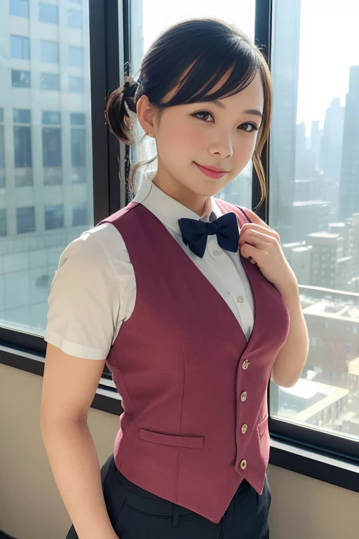 1girl, matured female, vest, bow, photo, realistic, best quality, hires, detailed face, office, buildings from window, detailed background, diffused sunlight, depth of field, bokeh