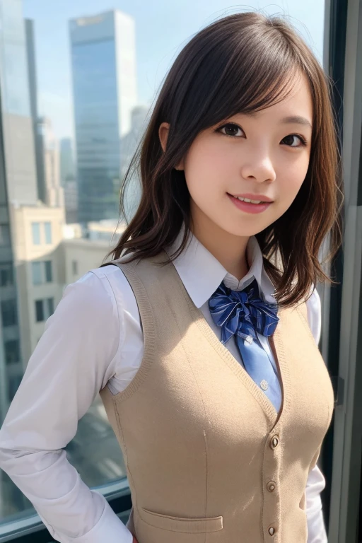 Browsing Caution, Best image quality, 8K, high quality, masterpiece:1.2), ((masterpiece)), (High detail, high quality, Best image quality), Bokeh, Depth of written boundary, Cute round face, Portraiture, (Cute illustrations:1.2), (Perfectly Balanced Anatomy), Sexy woman sitting in office、Sleeveless shirt、Armpits are visible、Black Pantyhose、Angle from below, very cute, Sapphire Kawashima Embarrassed, smile, Playing classical guitar