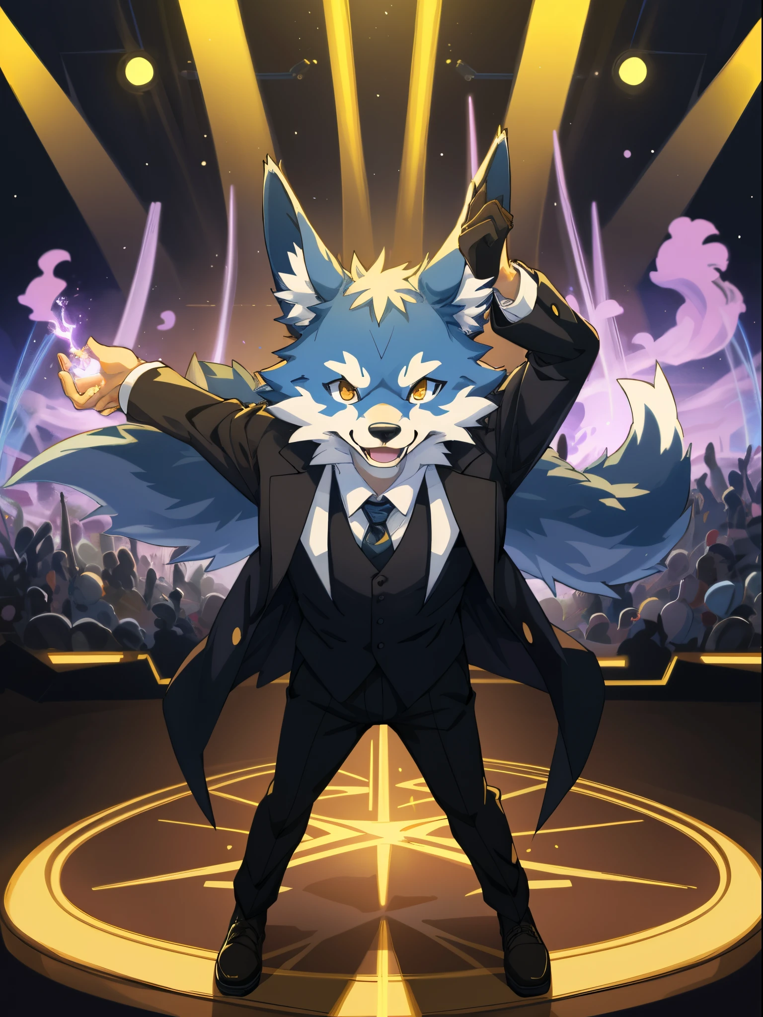 cover page, anime key visual, highres, top quality, best quality, paid reward available, High-quality illustrations, unparalleled masterpiece, perfect artwork, absurdres(magic stage, 1girl playboy bunny, magician 1wolf in suit)on stage, smile, happy, perfect anatomy, fan-created work shared on platforms Pixiv or Twitter, cinematic lighting,