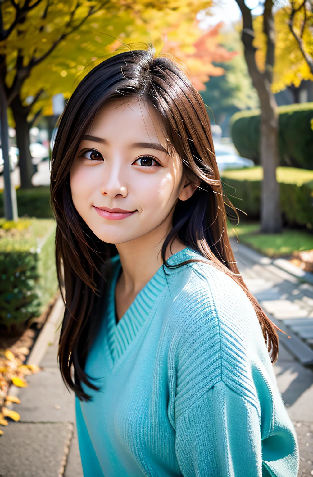 1 pretty woman、Under the Autumn Sky、Colorful sweater、​masterpiece, top-quality、Raw foto, Photorealsitic、I have one girl who is 16 years old.、a closeup、Open your mouth and laugh、cabelos preto e longos、Japan High School Girl、Idol、Smaller chest、unbelievable Ridiculous、depth of fields, hight resolution, ultra-detailliert, foco nítido, Cinematic lighting