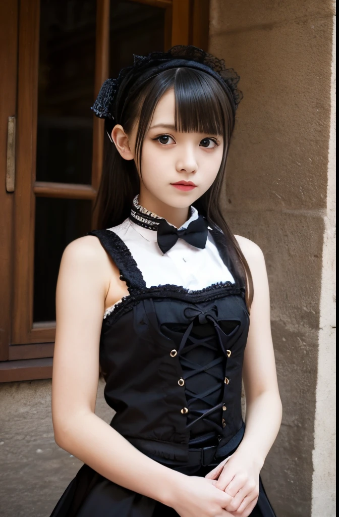 A girl,,pretty face,sleeveless waitress,very skinny,gothic and lolita