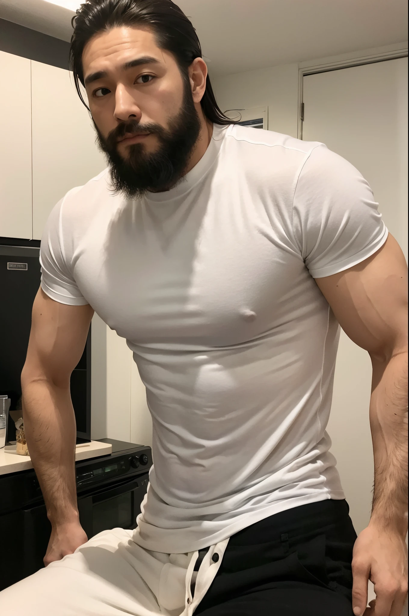 Muscular men、white shirt、kitchin、Black pants、beard、Smartphones