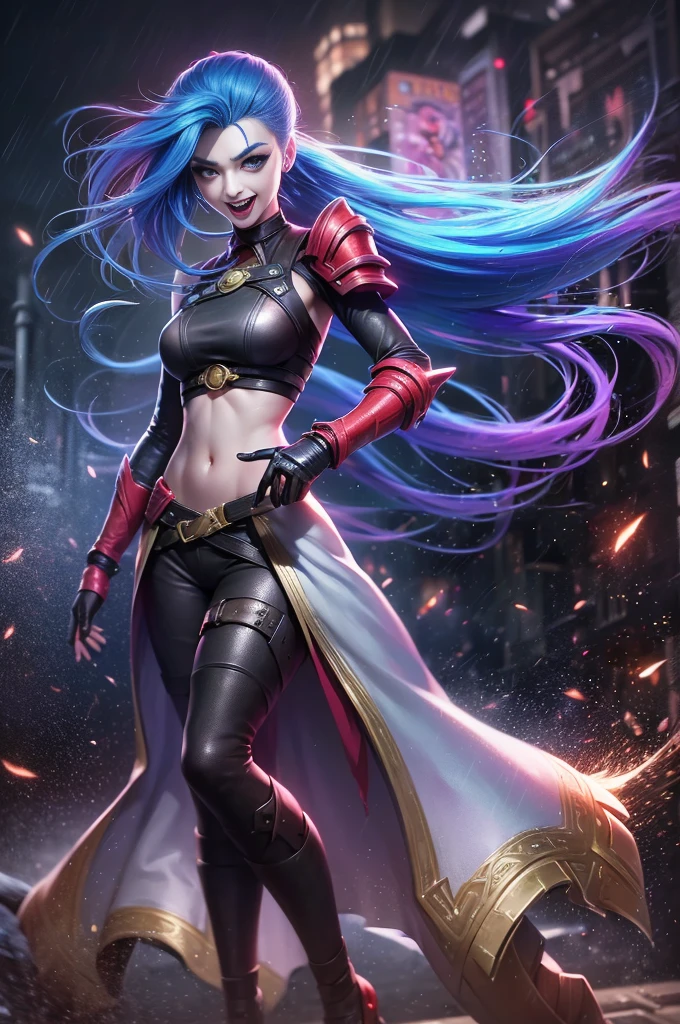 (Long-range shooting: 1.5), jinx \(league of legends\), (1girl，League of Legends Jinx)，(Scarlet eyes: 1.2, crazy laughter, Blue double ponytail hair: 1.5)，Kungfu，Wearing future technology mechanical armor，(Holding a particle laser cannon in hand，a revolver)，Aoshu crystal, Attack status，(Snowy mountain woods，surrounded by rain，League of Legends Game World)，Illustration style，The whole body is exposed to the rain for a long time，(exquisite facial features，Perfect hand features)，martial arts style，(Selective focusing，full body shot of，tmasterpiece，ultra - detailed，Epic work，highest  quality，8k，panorama, first-person view, atmospheric perspective, UHD, masterpiece, ccurate, anatomically correct, textured skin, high details, award winning, best quality), jinxlol, bydylankowalski, BJ_Gundam