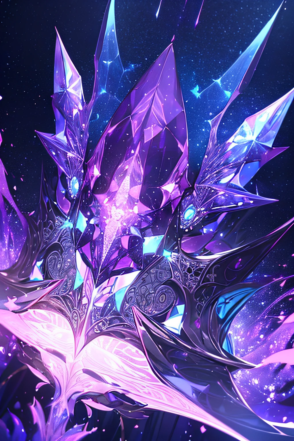 (8k, HD, best quality, absurdres, intricate details, bright colors, masterpiece: 1.2) detailed scenery of a purple floating glowing crystal bound in chained cuff, night sky background, starry sky, ground glowing blue, fantasy, landscape perspective