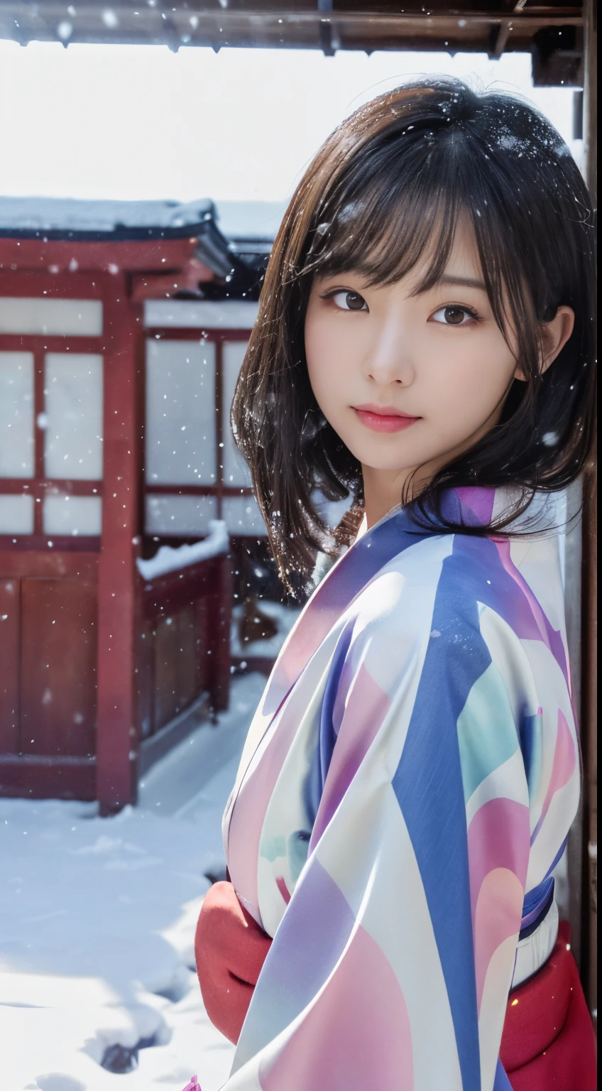 (Kimono)、、(top-quality,​masterpiece:1.3,超A high resolution,),(ultra-detailliert,Caustics),(Photorealsitic:1.4,RAW shooting,)Ultra-realistic capture,A highly detailed,high-definition16Kfor human skin、 Skin texture is natural、、The skin looks healthy with an even tone、 Use natural light and color,One Woman,japanes,,kawaii,A dark-haired,Middle hair,(depth of fields、chromatic abberation、、Wide range of lighting、Natural Shading、)、、(Falling snow:1.3)、(Hair swaying in the wind:1.2)、(Snow reflects light:1.3)