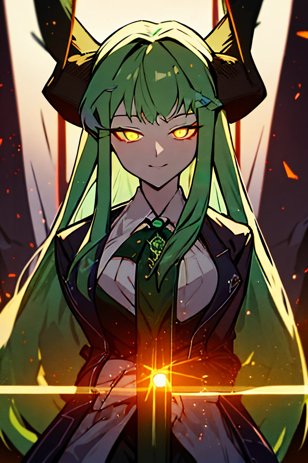 (8k, HD, best quality, intricate details, masterpiece: 1.2) 1girl, breasts, ((flat chest)), ((glowing orange eyes)), (((deer horns))), (((((long light green hair: 2))))), pale skin, looking at viewer, black musketeer uniform, solo, red necktie, collared shirt, smirk, black vest, black skirt, coattails, bloody, holding weapon, rapier, black pantyhose, long sleeves, glowing purple eyes with white sclera, theater stage background