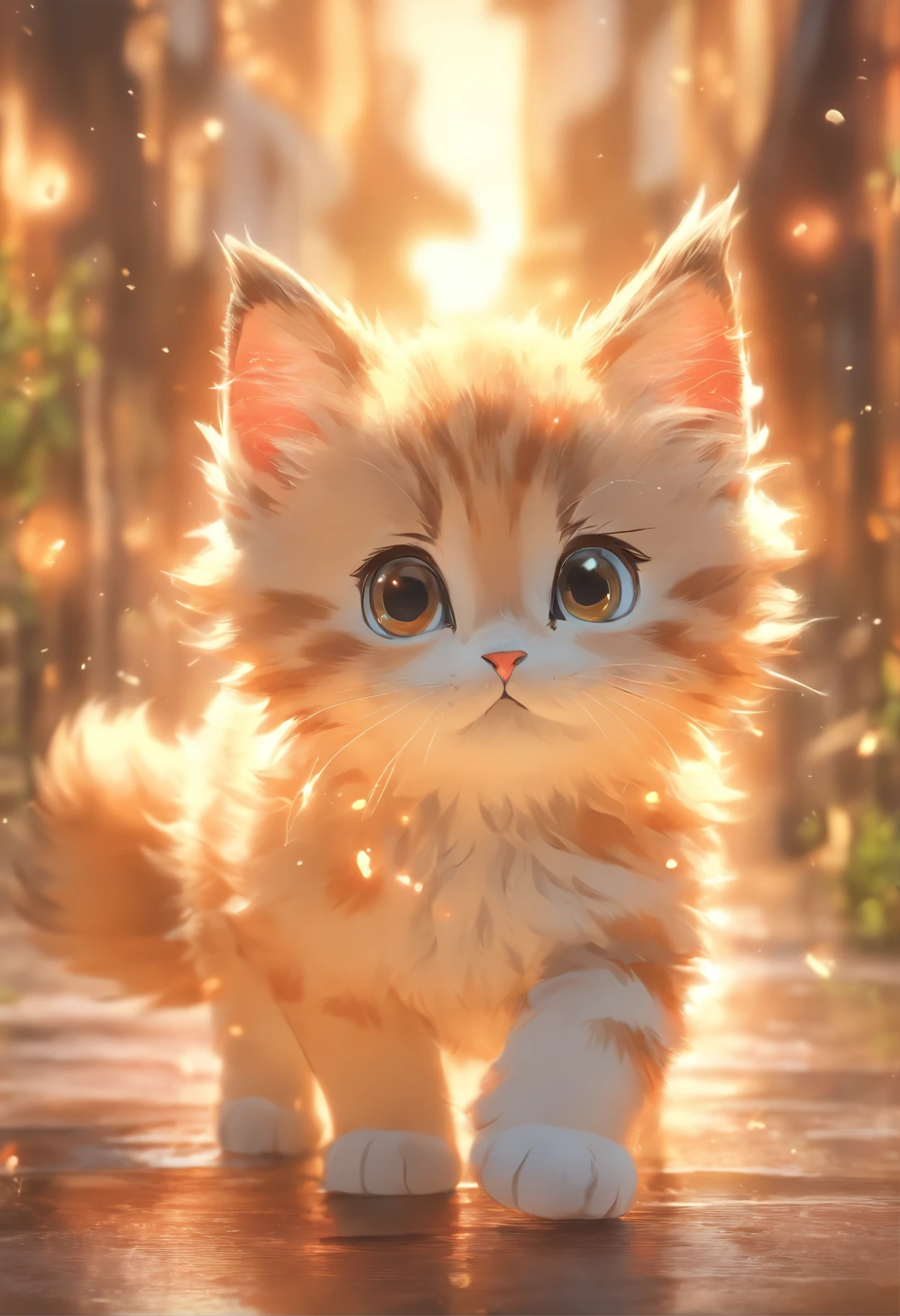 (Best quality at best,4K,8K,A high resolution,tmasterpiece:1.2),ultra - detailed,(actual,realisticlying,Photorealistic:1.37),A cute kitten trembles slightly,Soft fur texture,Delicate paw pads,Expressive eyes,Cute beard,Vulnerability tips,Wagging its tail gently,playful pose,Artistic cat illustration,Subtle color palette,natural lightting