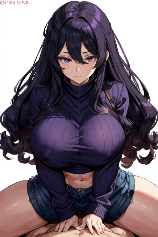 (masutepiece:1.2, Best Quality:1.2, Beautiful, High quality, hight resolution:1.1, Aesthetic), Detailed, Extremely detailed, Ambient soft lighting, 4K, Perfect Lighting, Perfect face, Perfect eyes, Paizuri_Keywords, 1boy, 1girl in, @_@, Ahoge, alternate breast size, Bangs, Black hair, blush, breasts, Breasts squeezed together, Closed mouth, Woman Man in Clothes, Clothes lift, erection, hair between eye, hetero, hex maniac \(A pokémon\), Huge breasts, Long hair, Long sleeves, Looking at Viewer, hair messy, motion line, Nipples, , Paizuri, , POV, POV crotch, such as, Purple eyes, Purple hair, Purple sweater, Simple background, Smile, Solo Focus, Sweat, Sweaters, Sweater Lift, turtle neck, Turtleneck sweater, Uncensored, venat, vein , Very long hair, Wavy mouth, White background,