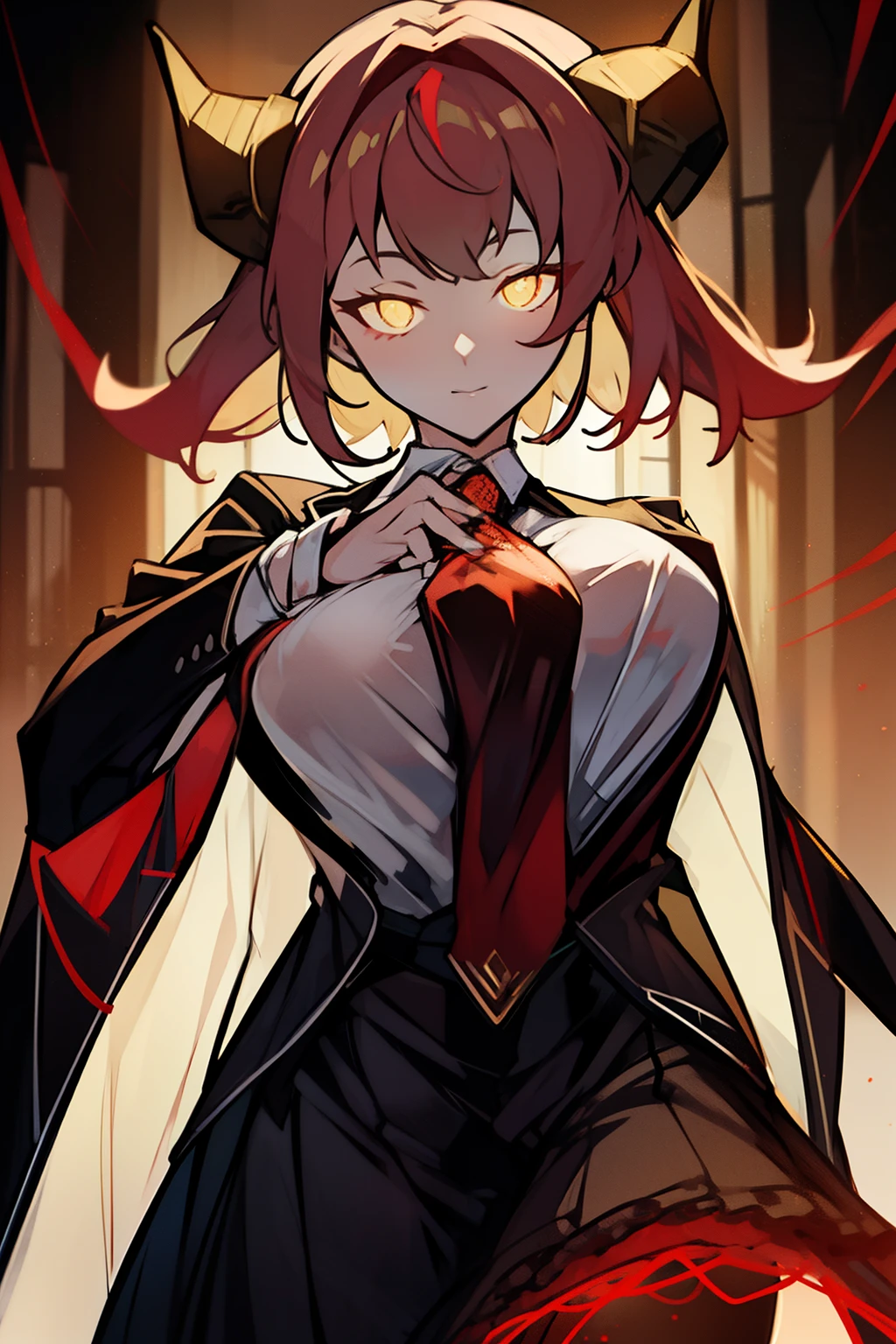 flat breasts, red necktie, white shirt, black vest, black coat, black skirt