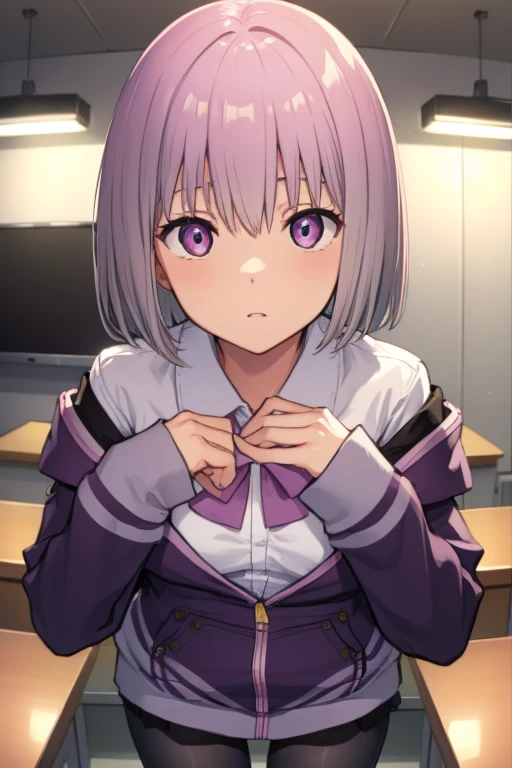 akaneshinjou, shinjou akane, light purple hair, (pink eyes:1.2), short hair,
BREAK black pantyhose, bow, collared shirt, hood, hooded jacket, jacket, open clothes, open jacket, open shirt, pantyhose, purple bow, purple jacket, school uniform, shirt, sleeves past wrists, unbuttoned shirt, white shirt,,
BREAK indoors, city,
BREAK looking at viewer, BREAK (masterpiece:1.2), best quality, high resolution, unity 8k wallpaper, (illustration:0.8), (beautiful detailed eyes:1.6), extremely detailed face, perfect lighting, extremely detailed CG, (perfect hands, perfect anatomy),