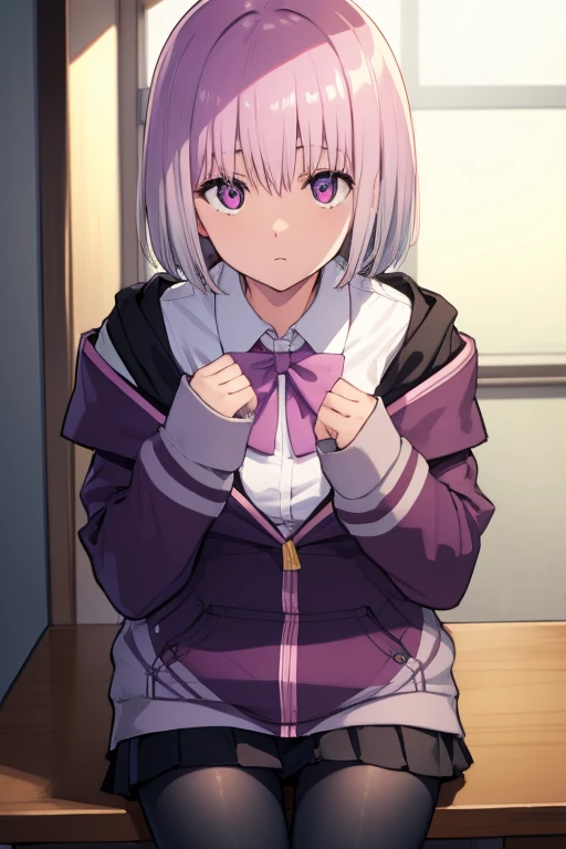 akaneshinjou, shinjou akane, light purple hair, (pink eyes:1.2), short hair,
BREAK black pantyhose, bow, collared shirt, hood, hooded jacket, jacket, open clothes, open jacket, open shirt, pantyhose, purple bow, purple jacket, school uniform, shirt, sleeves past wrists, unbuttoned shirt, white shirt,,
BREAK indoors, city,
BREAK looking at viewer, BREAK (masterpiece:1.2), best quality, high resolution, unity 8k wallpaper, (illustration:0.8), (beautiful detailed eyes:1.6), extremely detailed face, perfect lighting, extremely detailed CG, (perfect hands, perfect anatomy),