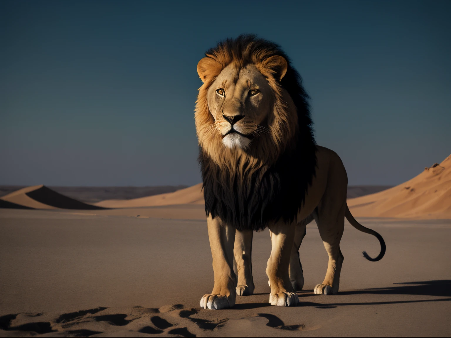 One lion, epic, hdr, hiperdetalhado, cinemactic, cores suaves, corpo inteiro, no deserto, roaring lion, menacingly, rugindo, andando, pronto para atacar, boca aberta, salivando, mostrando dentes, feroz