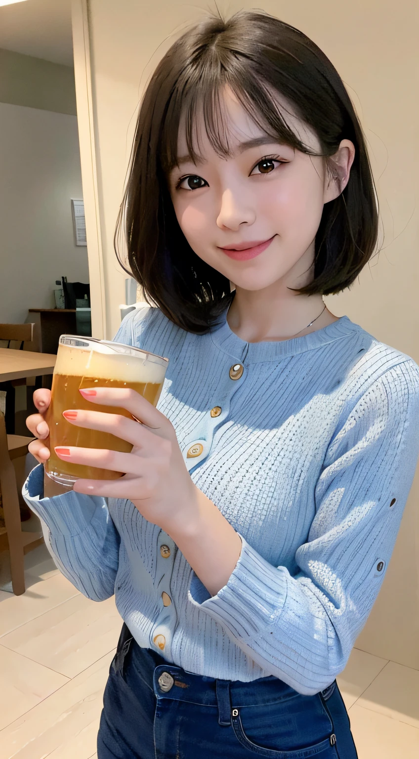 A happy smile looking at this、1 pretty woman、Autumn colorful sweater、small tits、Holding a draft beer in your hand、、cute little、8th class、、、Leaning forward、Lori、thongs:1.3、bob cuts、 cute girl、AKB48 Team TP、AKB48 、(masterpiece、best qualtiy:1.2)、超A high resolution、(Photorealsitic:1.4)、Detailed skin、lighting like a movie、Friendly、Intelligent、Get carried away by the conversation、happiness、cordial、Energetic and、Cheerful and、Be creative、Glittering eyes and infectious smile