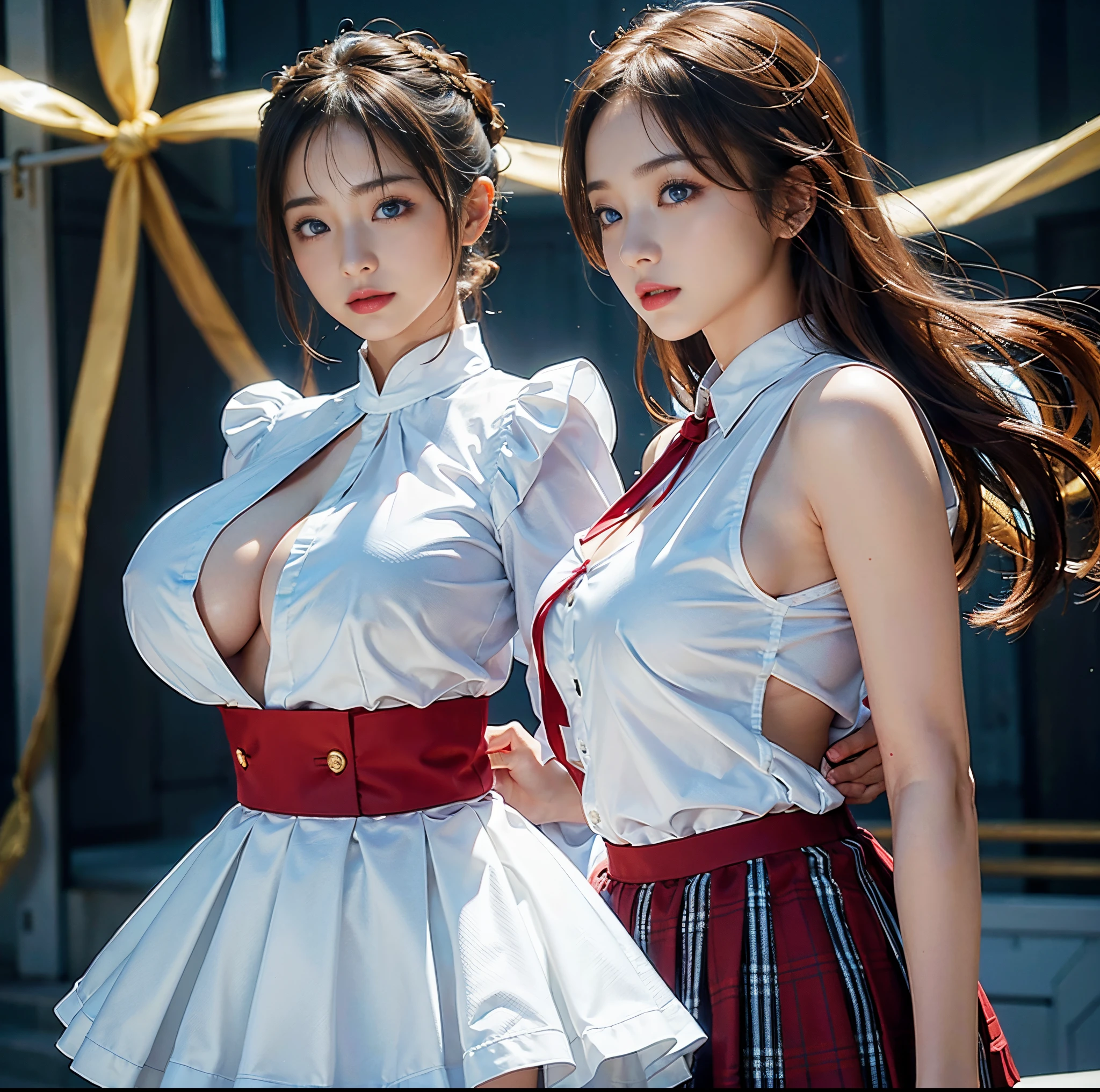 top-quality, 8K picture quality, masterpiece, Professional lighting without shadows, A hyper-realistic, perfect anatomia, Two girls, (with perfect body、Colossal breasts with tension:1.2), Whitens bright skin evenly, (Plump red tear bags and bright and beautiful blue eyes reflect a lot of light:1.2)、 A crimson ribbon tie is tied around her collar.、A neat tight blouse made of white fabric that is so thin that it can be seen through.、No skin is exposed on the upper body。, Dress up with a super short mini pleated tartan check skirt., (her skirt is too short:1.3), (Proudly showing off her taut huge breasts from the front through her blouse:1.2), (Another girl on the other side shows off her big ass from behind), ssmile, stare at each other