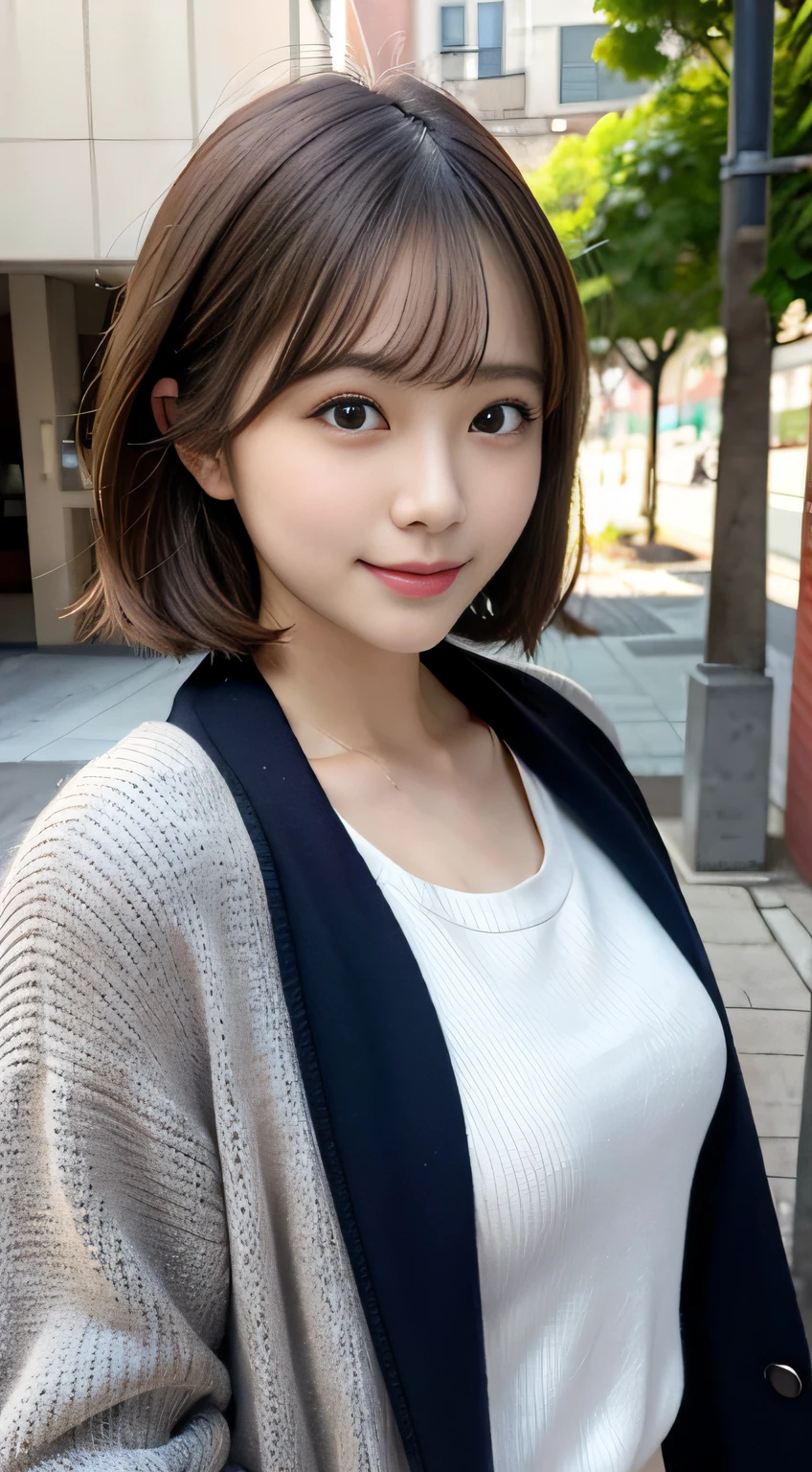 masutepiece、Best Quality、Illustration、 Ultra-detailed、finely detail、 hight resolution、8K Wallpaper、Perfect dynamic composition、31-year-old beauty、A detailed face、A detailed eye、Textured skin、discret smile、tiny chest、Bold sexy poses、casual coat、up of face、
