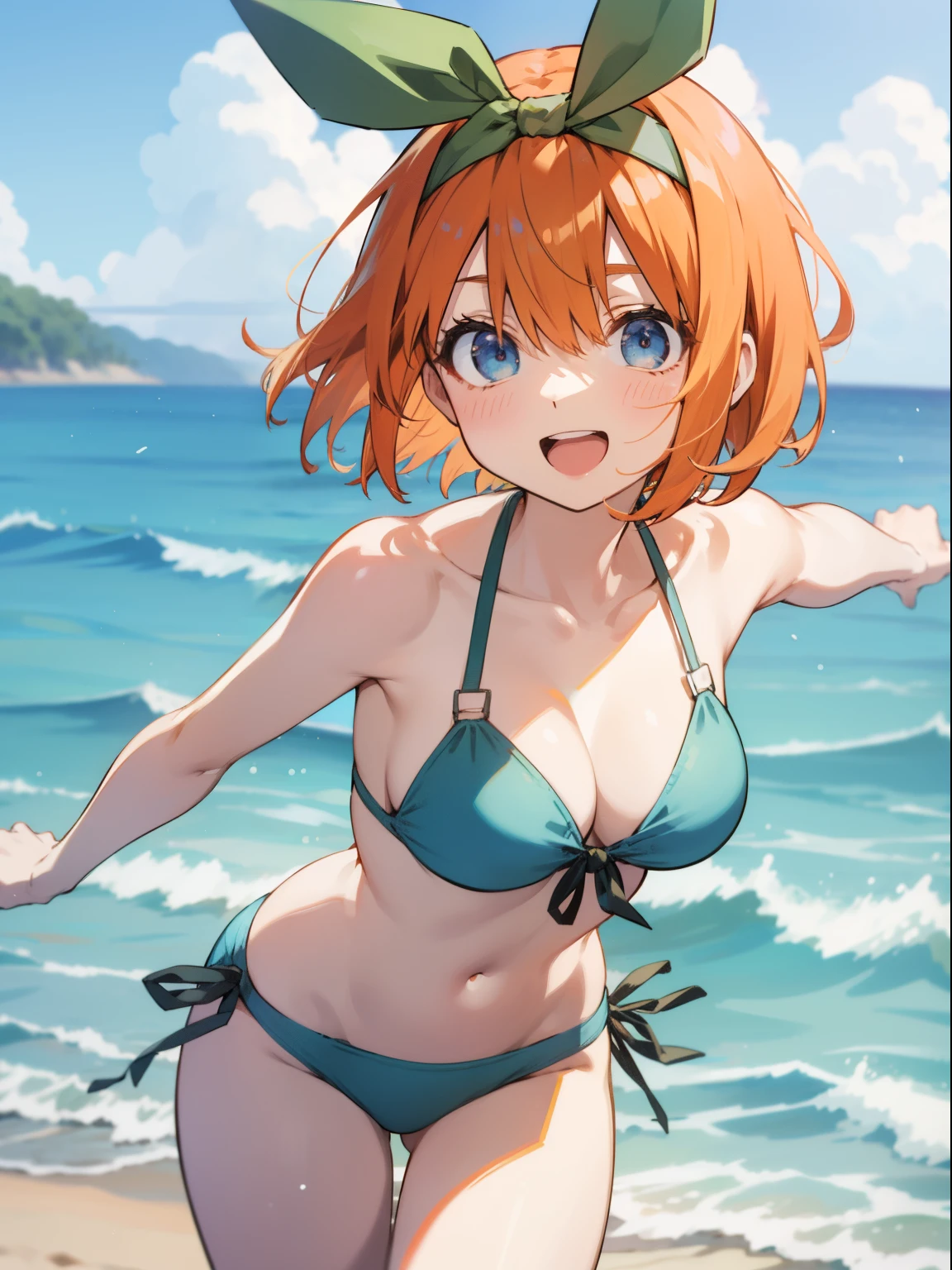 yotsuba nakano, bangs, short hair, blue eyes, hair between eyes, hair ribbon, hairband, orange hair, green ribbon, excited, laugh, looking at viewer, bikini, beach