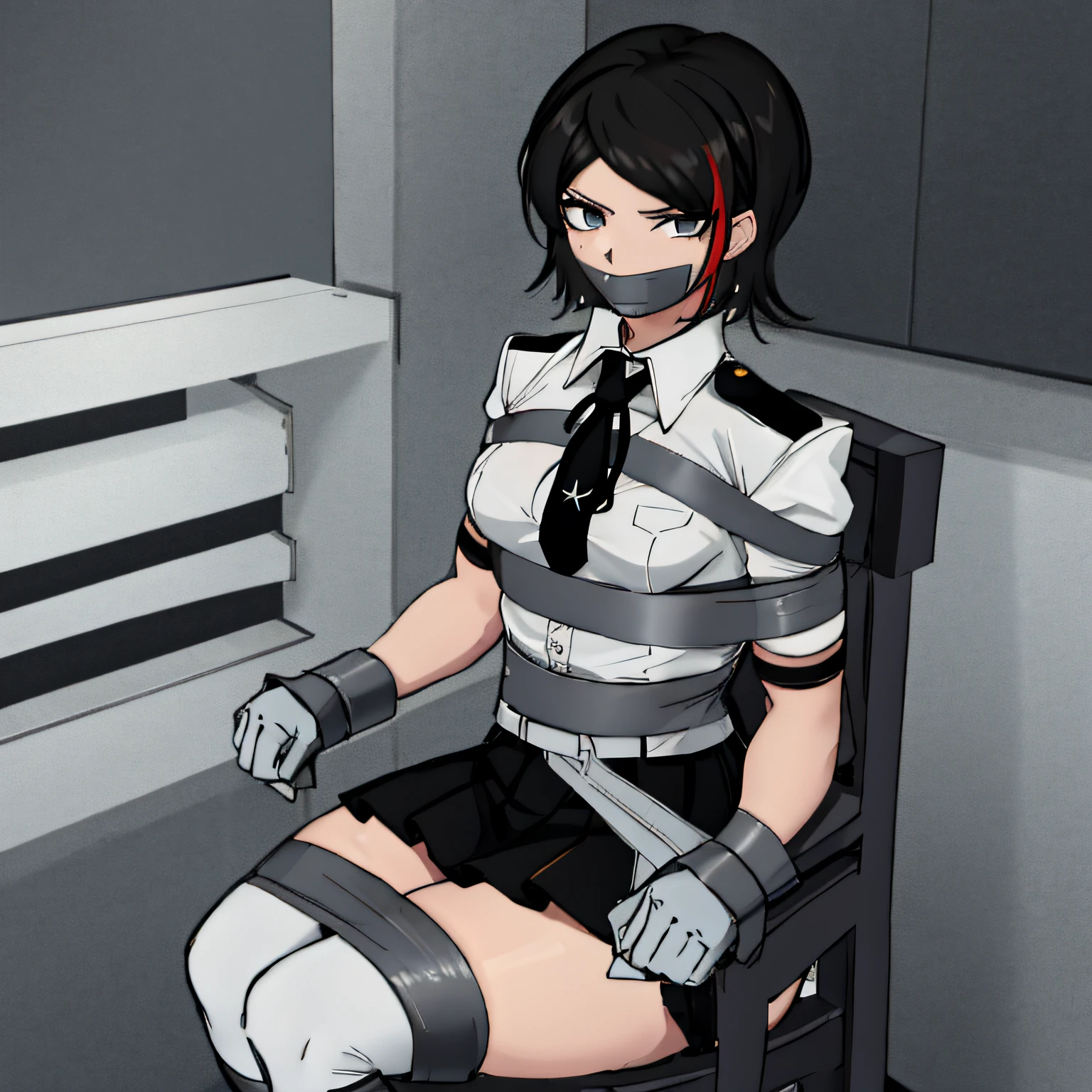 (absurdres, 8k, 4k, masterpiece, hyper extreme detailed:1.2), solo, 1girl, front view, perfect face, 1girl, portrait, looking at viewer, Female, Mature Female, short hair, 8k uhd, 1girl, cowboy shot, full body, detailed eyes, expressive eyes, medium chest, wind, windy, moving hair, moving clothes, swept bangs, mature body, short hair, gray eyes, short sleeve white collar shirt, black shirt ribbon, tan combat gloves, gray skirt, black thigh high socks, expressionless, emotionless, soldier, calm, quiet, toned, athletic, perfect anatomy, detailed eyes, sitting, tape, gagged, bondage, restrained, chair, taped to chair, wrapped mouth, otm gag,
