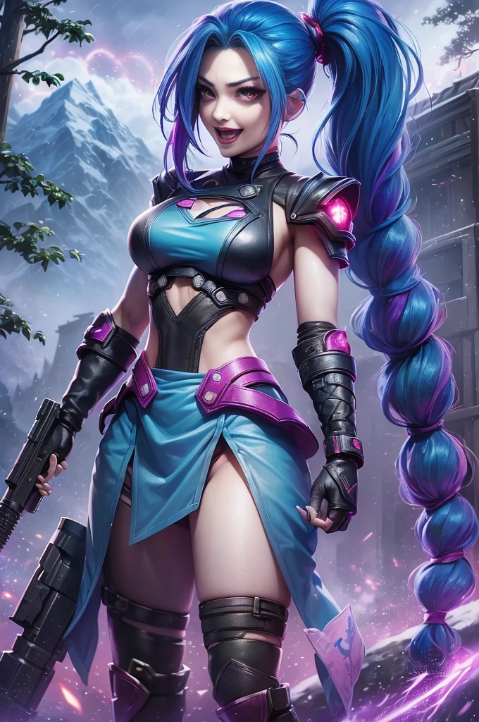 (Long-range shooting: 1.5), jinx \(league of legends\), (1girl，League of Legends Jinx)，(Scarlet eyes: 1.2, crazy laughter, Blue double ponytail hair: 1.5)，Kungfu，Wearing future technology mechanical armor，(Holding a particle laser cannon in hand，a revolver)，Aoshu crystal, Attack status，(Snowy mountain woods，surrounded by rain，League of Legends Game World)，Illustration style，The whole body is exposed to the rain for a long time，(exquisite facial features，Perfect hand features)，martial arts style，(Selective focusing，full body shot of，tmasterpiece，ultra - detailed，Epic work，highest  quality，8k，panorama, first-person view, atmospheric perspective, UHD, masterpiece, ccurate, anatomically correct, textured skin, high details, award winning, best quality), jinxlol, bydylankowalski, BJ_Gundam