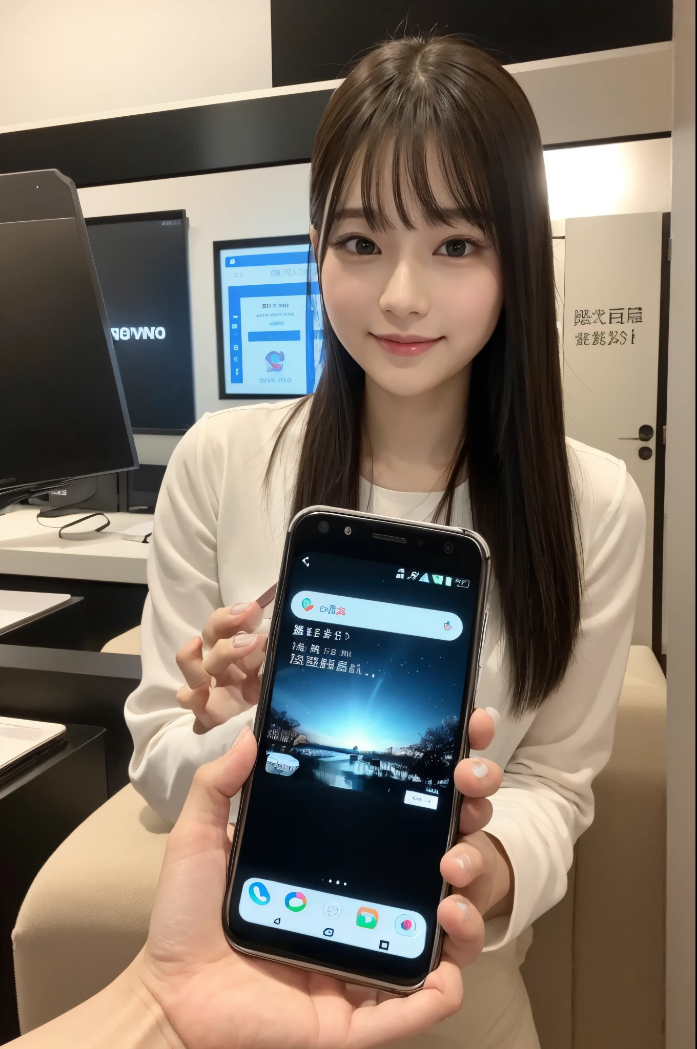 Hand holding smartphone、I can see the screen of my smartphone.、