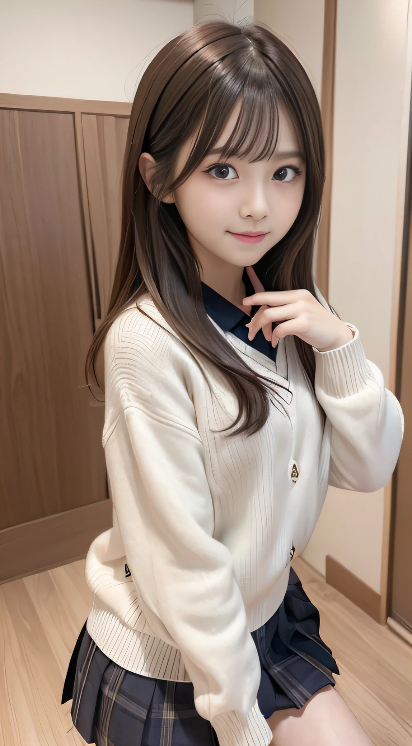 masutepiece、Best Quality、Illustration、 Ultra-detailed、finely detail、 hight resolution、8K Wallpaper、Perfect dynamic composition、Cute girl at 、A detailed face、A detailed eye、Textured skin、discret smile、tiny chest、Bold sexy poses、high school winter school uniform、up of face、