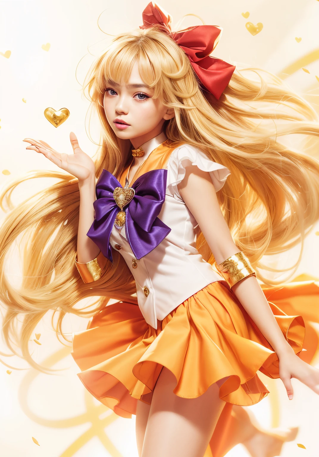 Masterpiece, high-resolution, hypereralism, slightly side view of (1girl), asian, beautiful girl, about 20 years old, delicate face, detailed face, golden tiara in front, pretty big purple eyes, perfect eyes, blinking the right eye, long eyelashes, closed lips, kind expression, long straight hair, blonde hair, messy blonde hair, bangs, big red top holding the hair behind head, right arm in the air, blowing a heart, white sailor suit, orange suit colar, purple bow in the chest, orange skirt, orange bracelets, big yellow top in the back, hearts blowing around the girl, rain of hearts background, cinematic light.