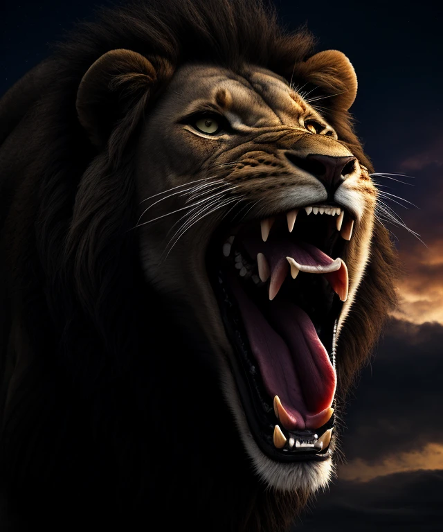 a lion roaring with its mouth open, bravo, menacingly, andando, epic, hdr, hiperdetalhado, cinemactic, cores suaves, bg nebuloso