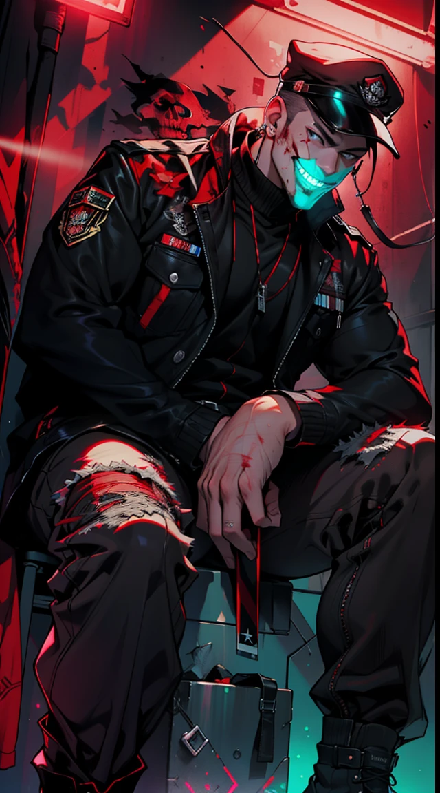 street fighter bison movie stills,(White-eyed) (Red military uniform)、(Red and black light emitted from clothes:1.7)、(Red military cap with skull emblem)、big muscle、Very large muscles、The background is simple black with a skull emblem.............、(6 feet tall)、sit in a big seat, Luxury seating、with big smiles on their faces、Splattering blood、View from below、