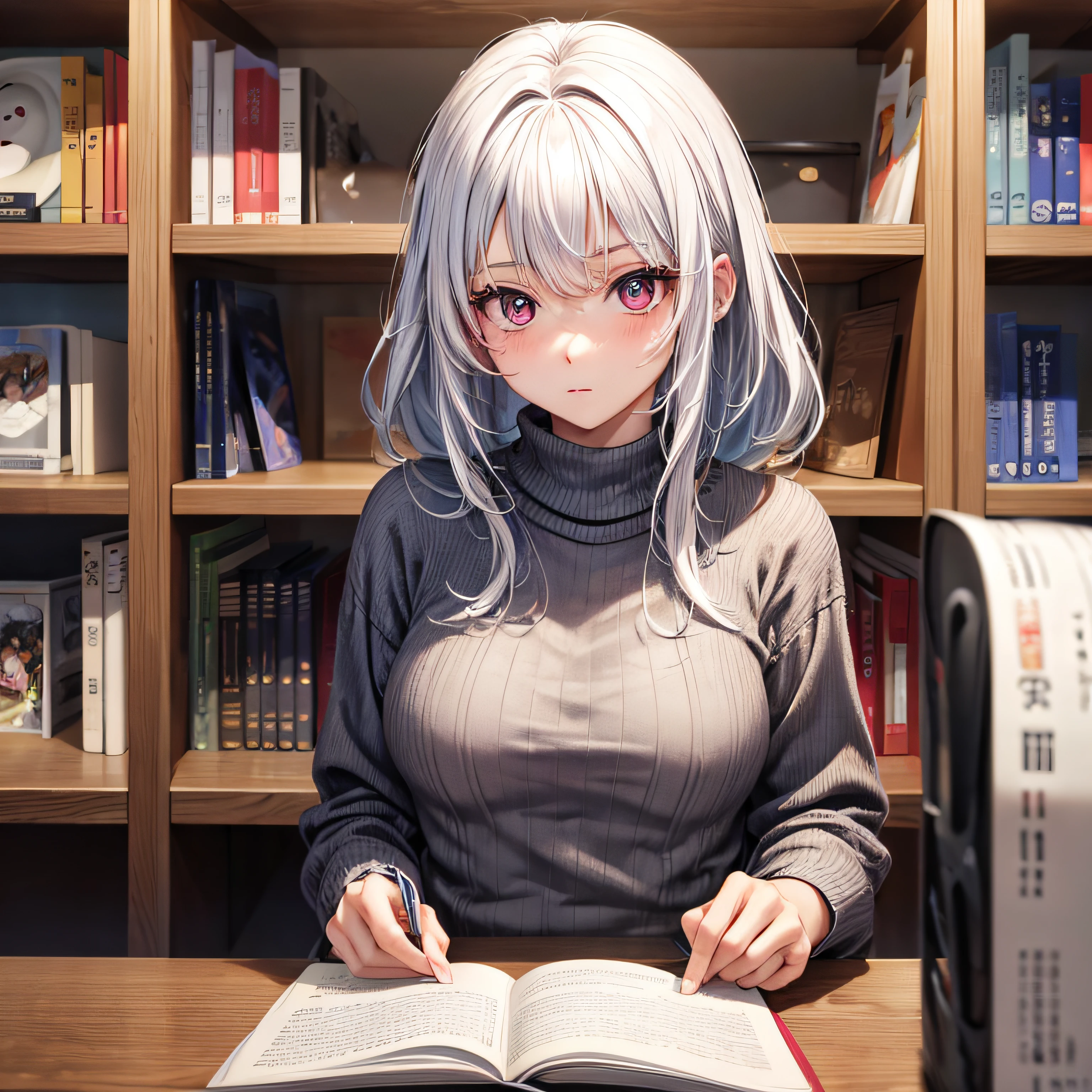 at library,a beauty girl,18year old,wear sweater ,Japanese high school students,1 girl,anime,student clothes,white hair,red eyes,eyes gentle,hightquality,4k,bob hair,messy hair,flipped hair,asymmetrical hair,bookshelf,