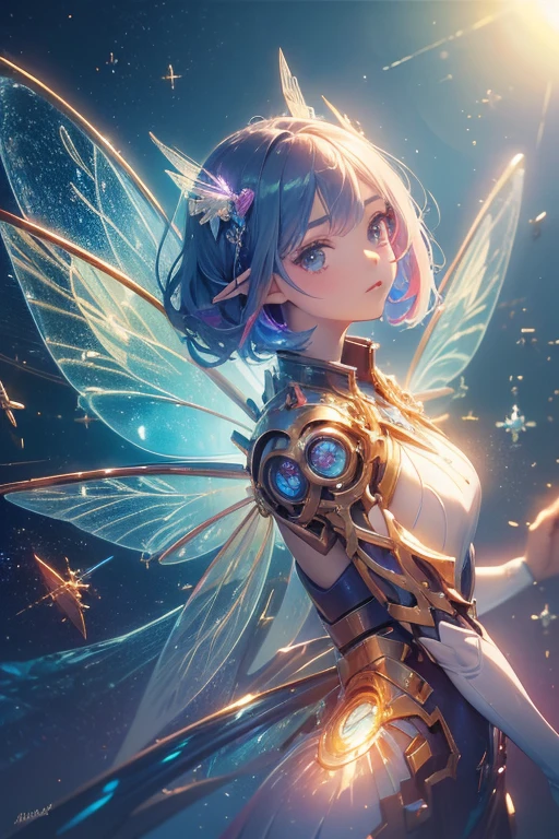 (​masterpiece,top-quality,top-quality,Beautifully Aesthetic:1.2),1girl in,ighly detailed,artificially created fairy,hyper quality,super delicate lines,lensflare,((mechanical fairy,symmetrical wings,electronic fairy)),mechanical flower landscape,Machine Eyes,((Colorful1.5)),Mechanical world,