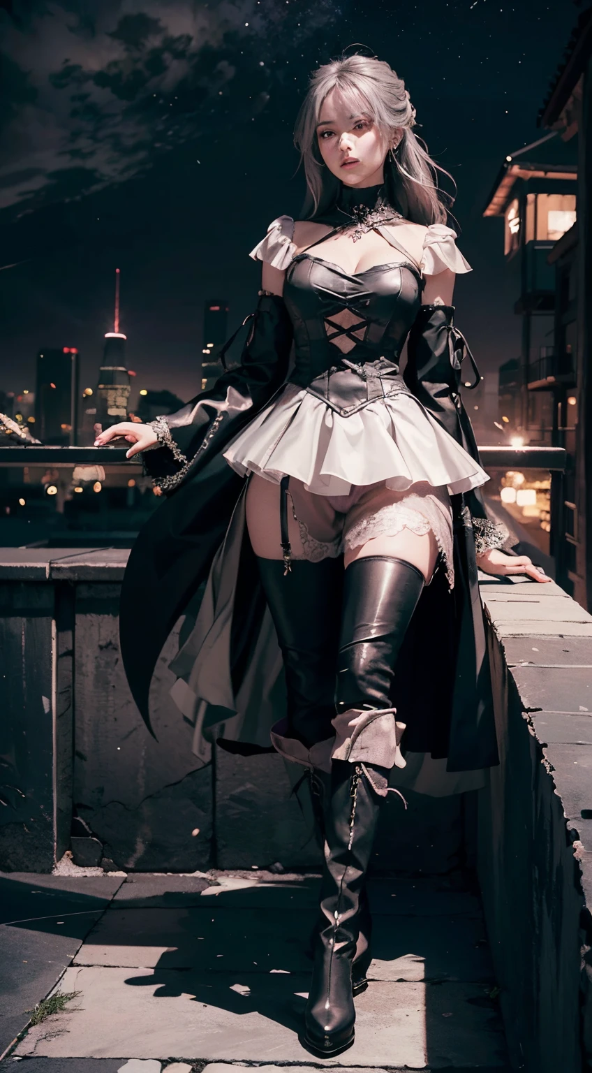 masterpiece, accurate, high quality, super detail, best quality, 8k, cinematic lighting, chiaroscuro, ultra-detailed, An illustration with fine lines and medium saturation for light novels. Back shot. Low angle, full body. A refined and tall Kaihime-like woman about 30 years old, carrying a small scabbard, stands on a rooftop looking at the stars on a summer evening, letting her booted legs visible. She wears a gothic-style puff sleeve A-line knee-length dress in charcoal with pale pink and silver accents that enhance her well-proportioned curvy, slim body shape. She also wears charcoal stockings and leather boots, and long silver satin gloves with charcoal fingertips. beautiful face, looking down at viewrer